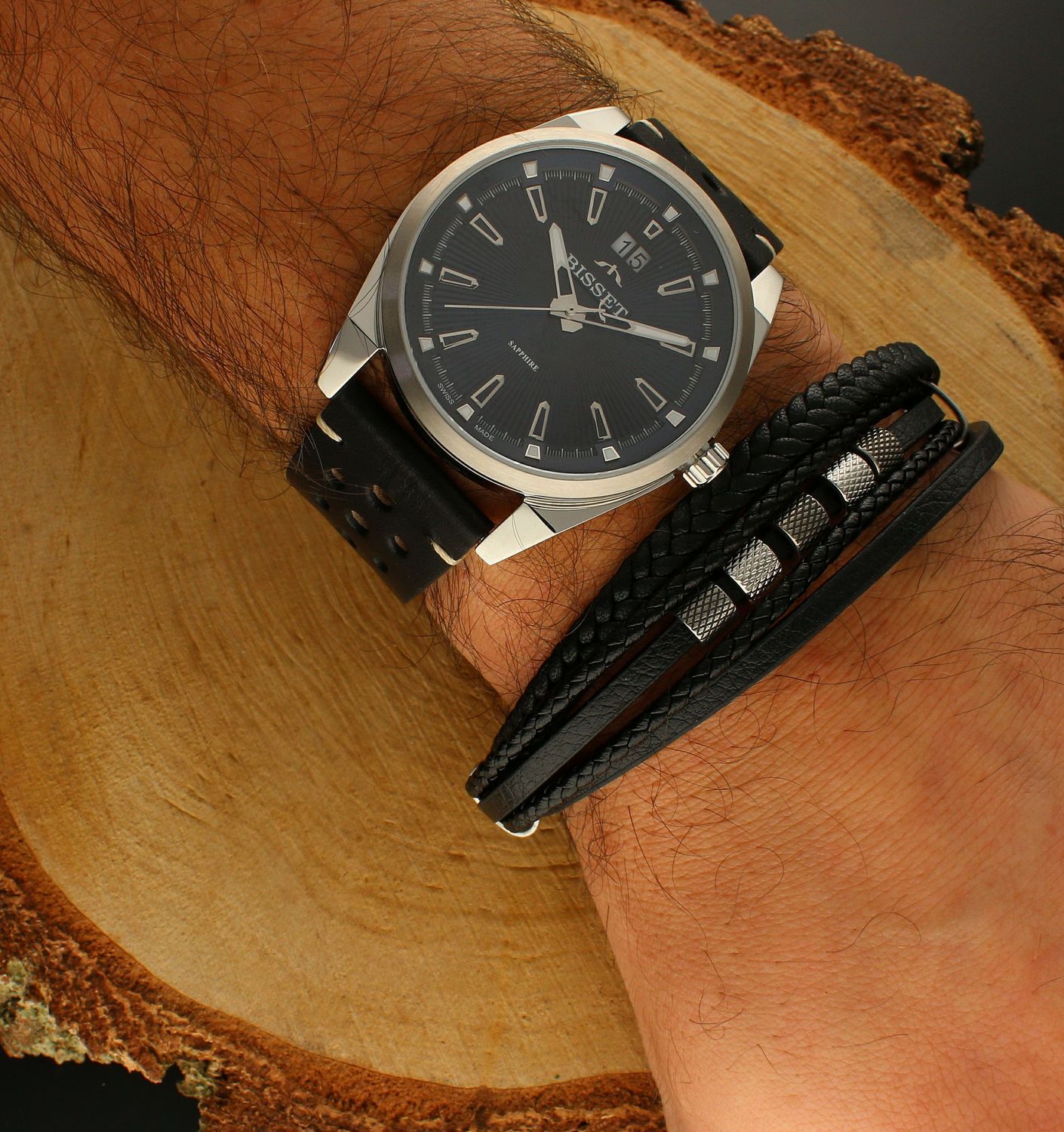 Bransoletka męska skórzana plecionka Stalowe dodatki S1194254 Grawer gratis DIA-BRA-S1194254-STAL.jpg