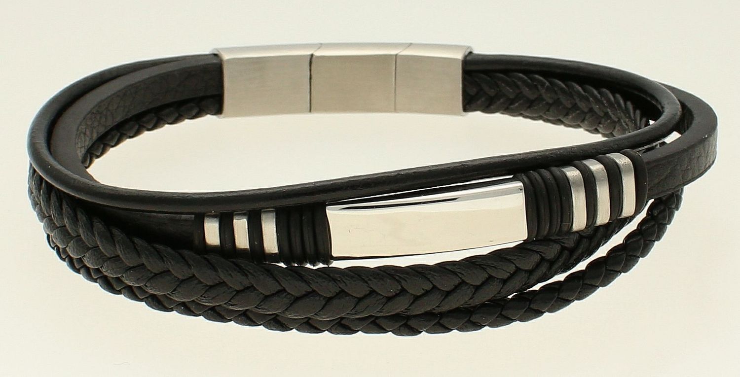 Bransoletka męska skórzana czarna plecionka z blaszką do graweru DIA-BRA-S1234456-STAL. Męska bransoletka skórza.jpg