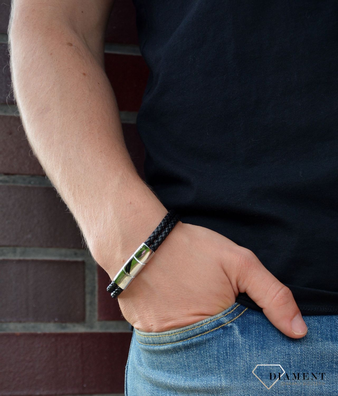 Bransoletka męska 'Skóra w mocnej blaszce na krzyżu' DIA-BRA-S1323446-STAL.jpg