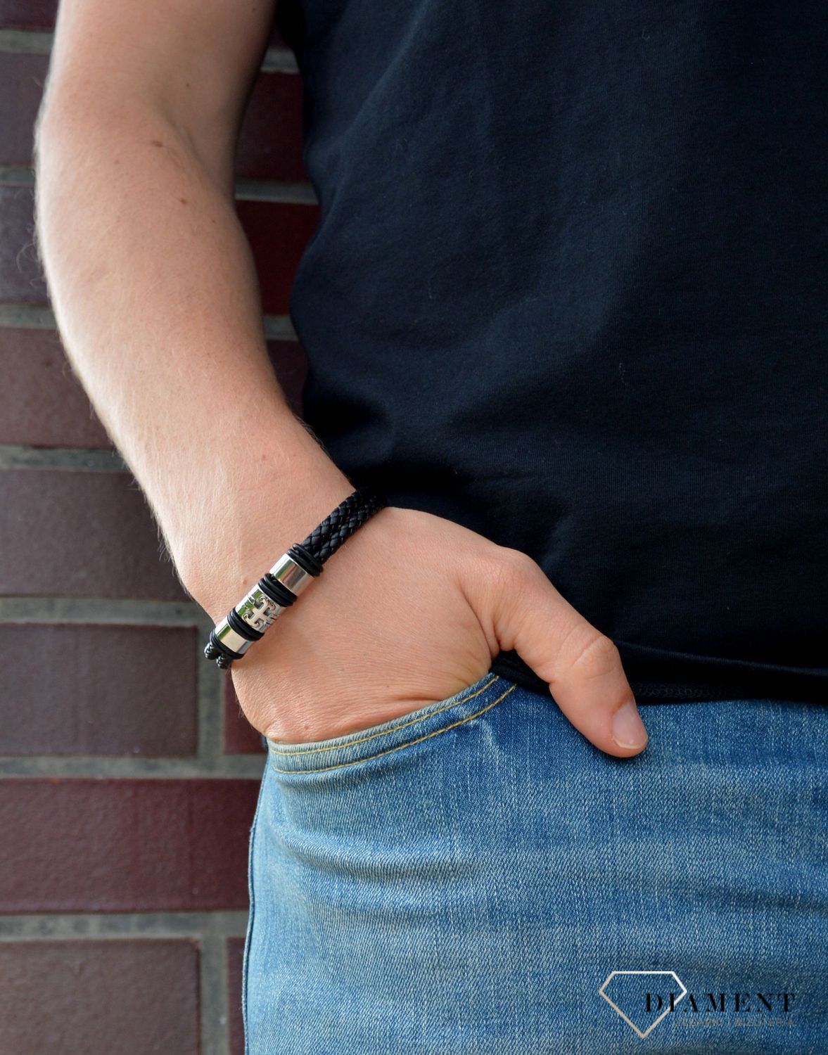 Bransoletka męska 'Skóra w mocnej blaszce na krzyżu' DIA-BRA-S1323446-STAL.jpg