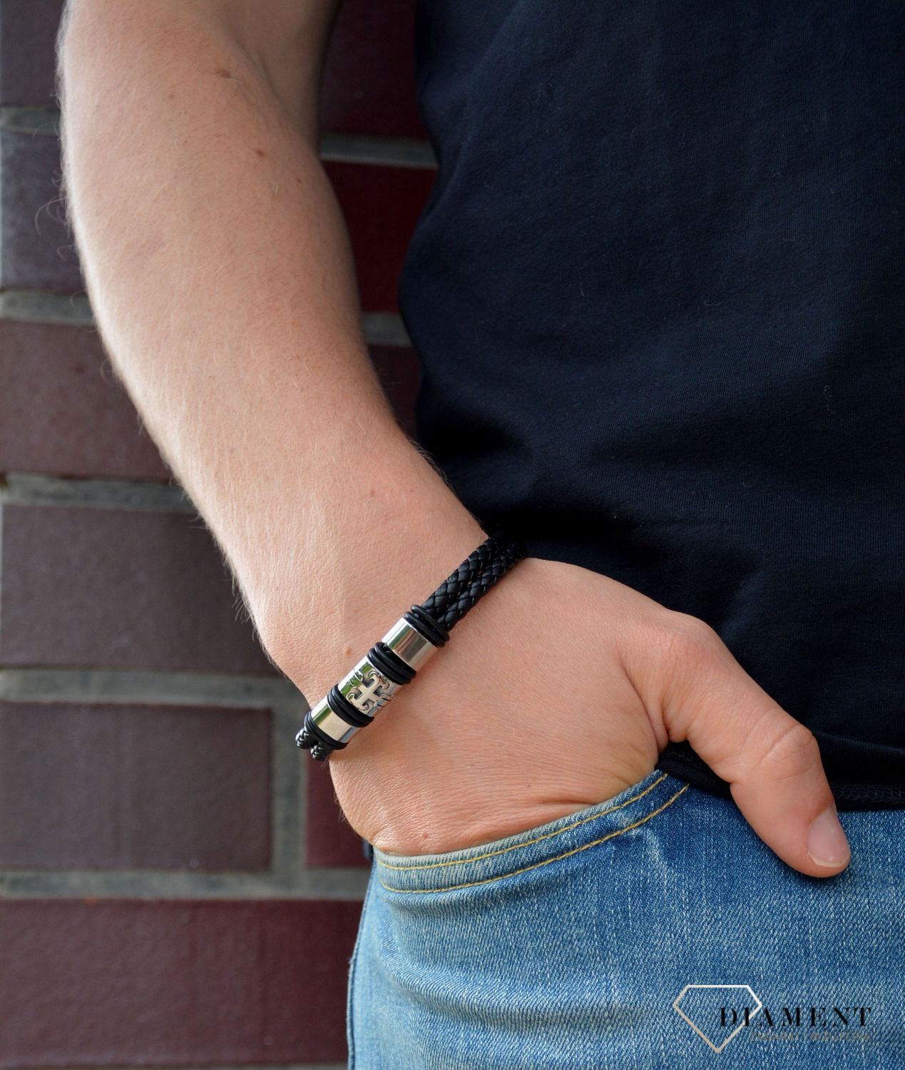 Bransoletka męska 'Skóra w mocnej blaszce na krzyżu' DIA-BRA-S1323446-STAL.jpg