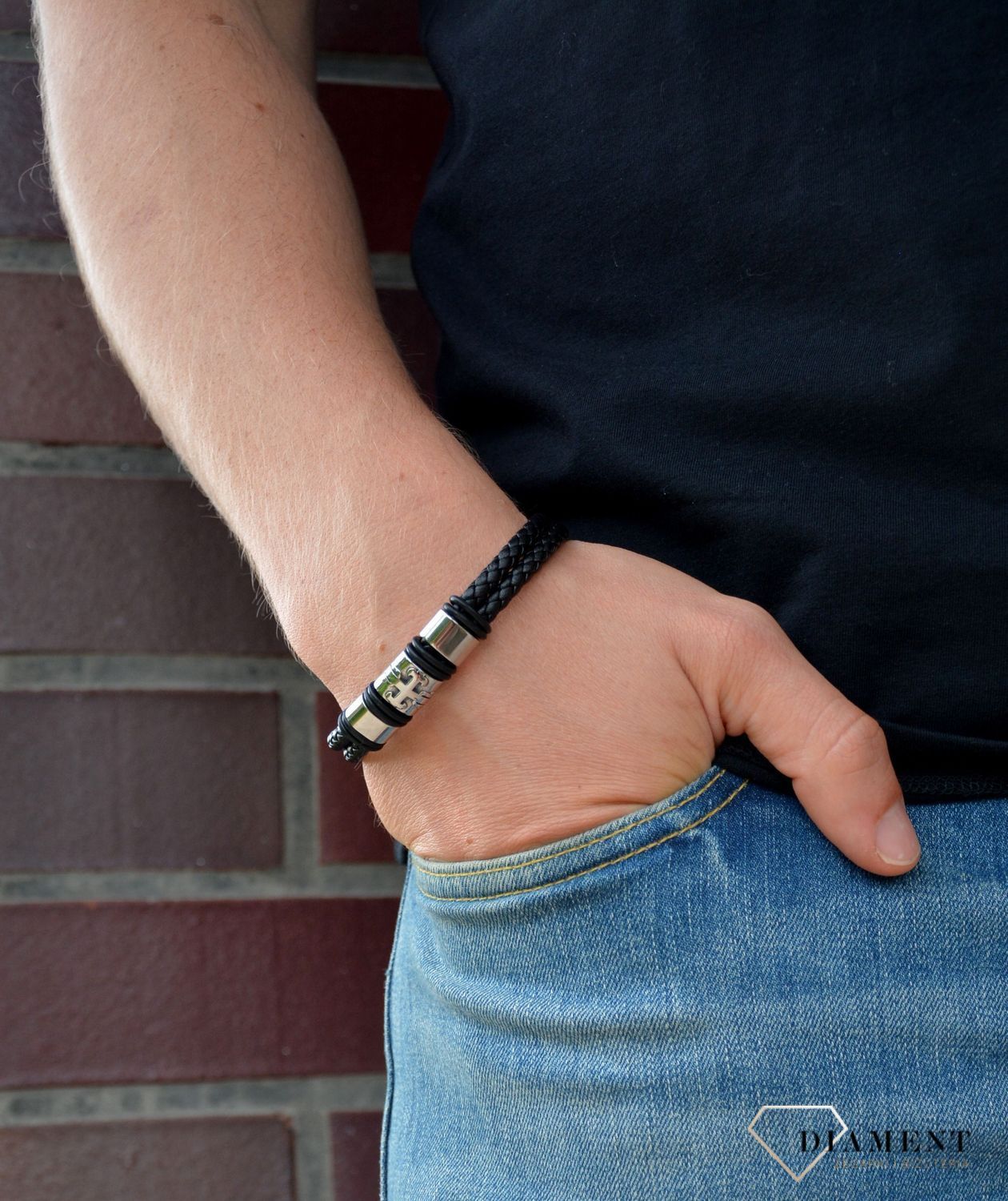 Bransoletka męska 'Skóra w mocnej blaszce na krzyżu' DIA-BRA-S1323446-STAL.jpg
