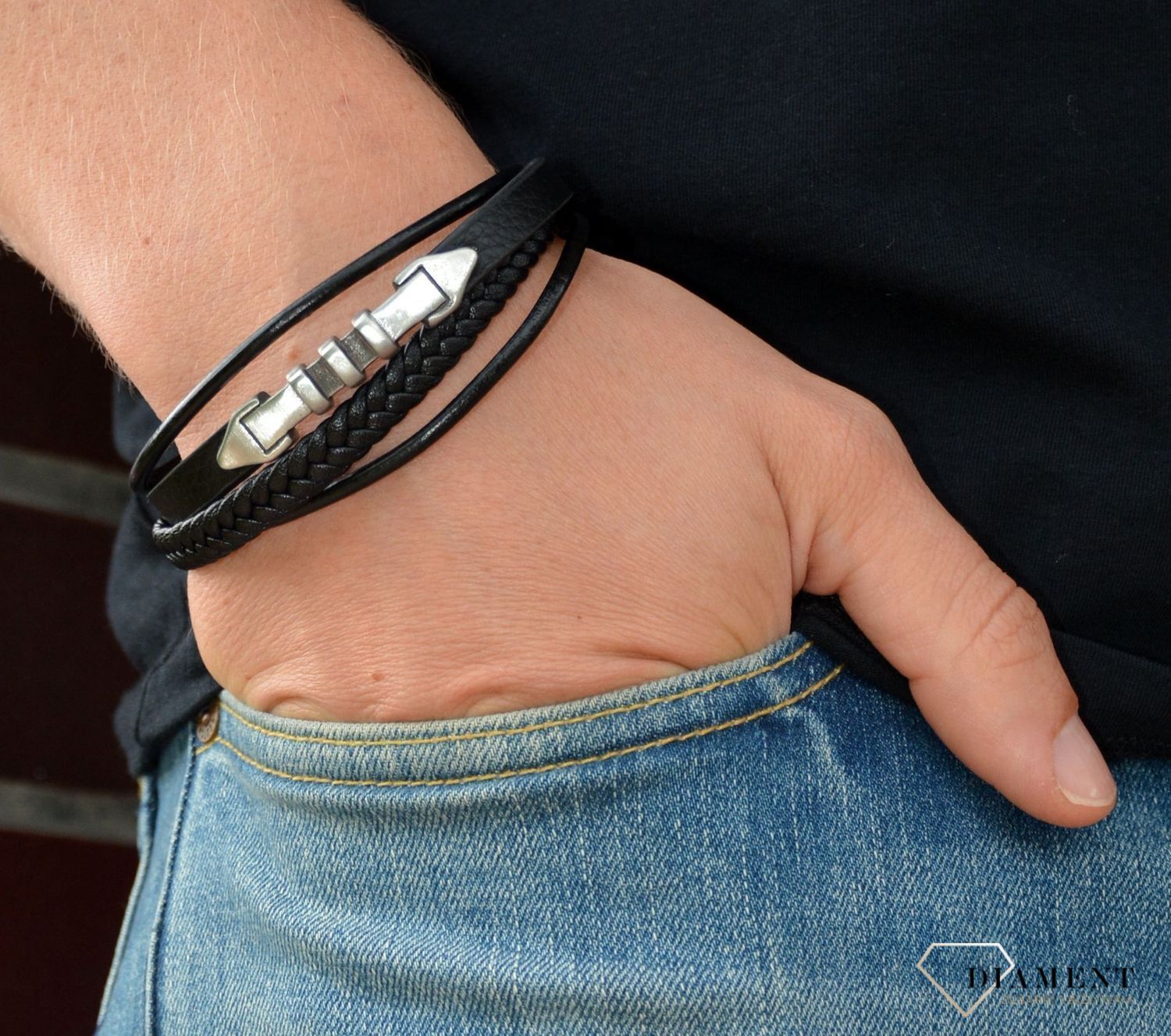 Bransoletka męska 'Skóra zaplątana w strzałach' DIA-BRA-S1433952-STAL.jpg