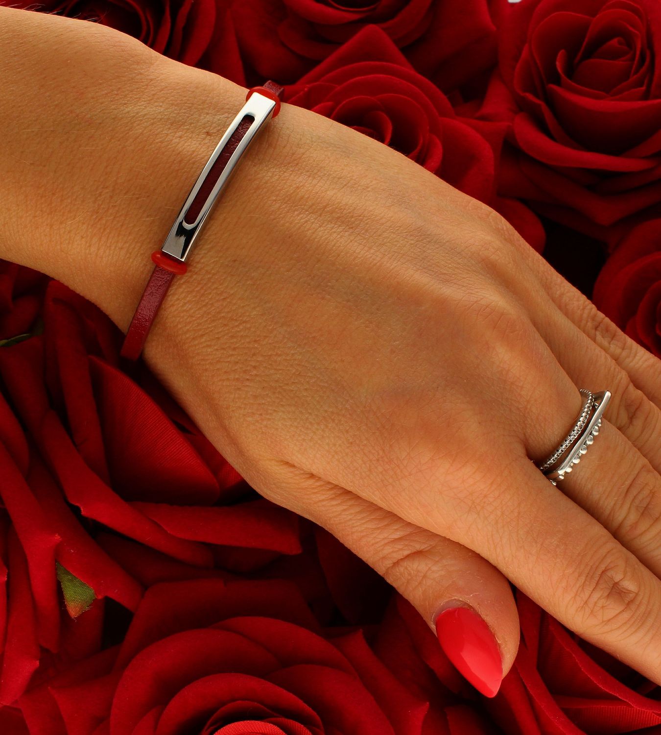 Bransoletka damska skórzana czerwona z elementem stalowym Grawer gratis DIA-BRA-S1453244-STAL.jpg