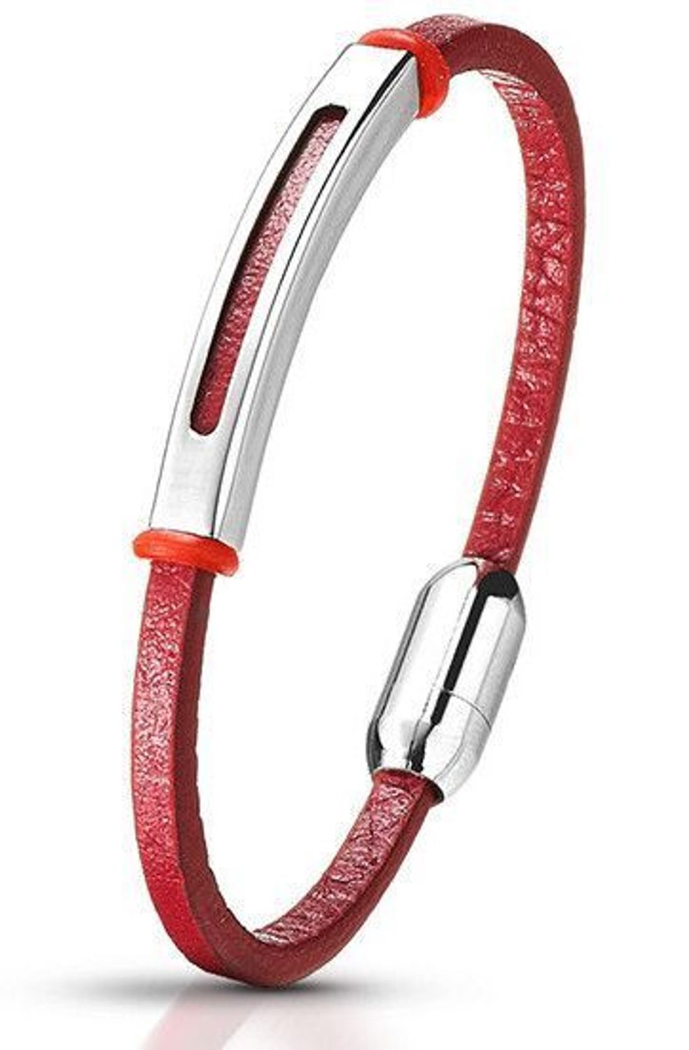Bransoletka damska skórzana czerwona z elementem stalowym Grawer gratis DIA-BRA-S1453244-STAL.jpg