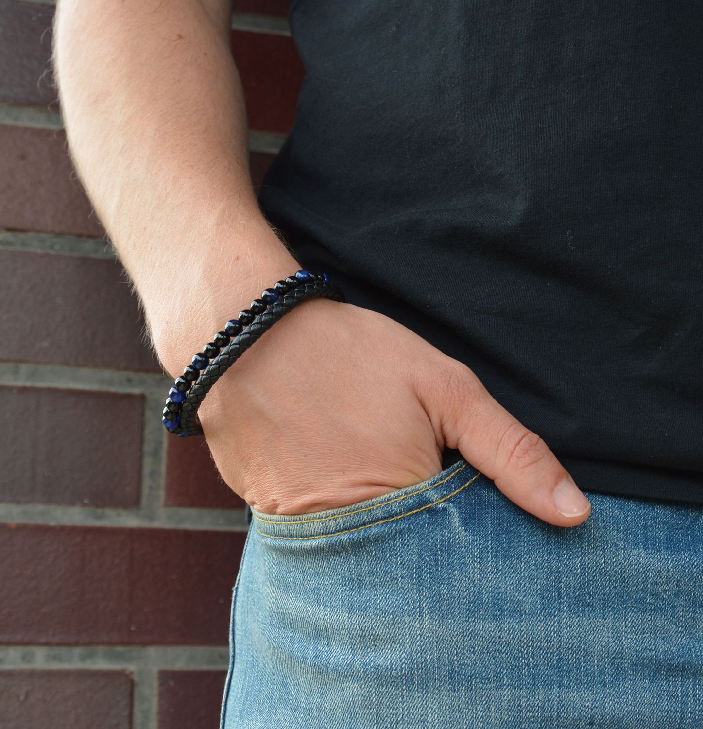 Bransoletka męska 'Czarny rzemień i czarno niebieskie koraliki' DIA-BRA-S1614658-STAL.jpg