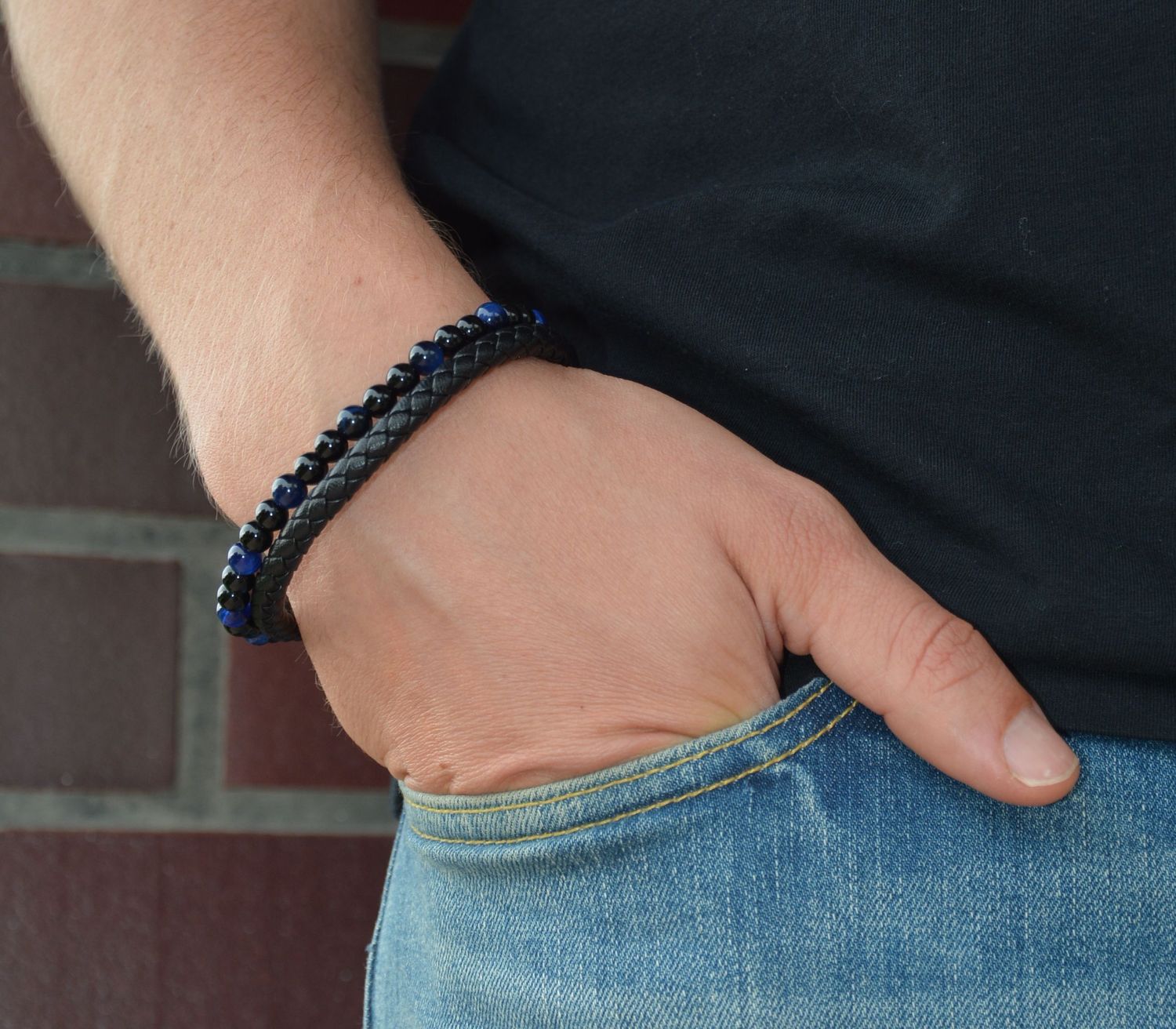 Bransoletka męska 'Czarny rzemień i czarno niebieskie koraliki' DIA-BRA-S1614658-STAL.jpg