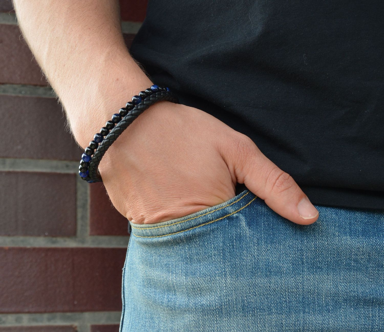 Bransoletka męska 'Czarny rzemień i czarno niebieskie koraliki' DIA-BRA-S1614658-STAL.jpg