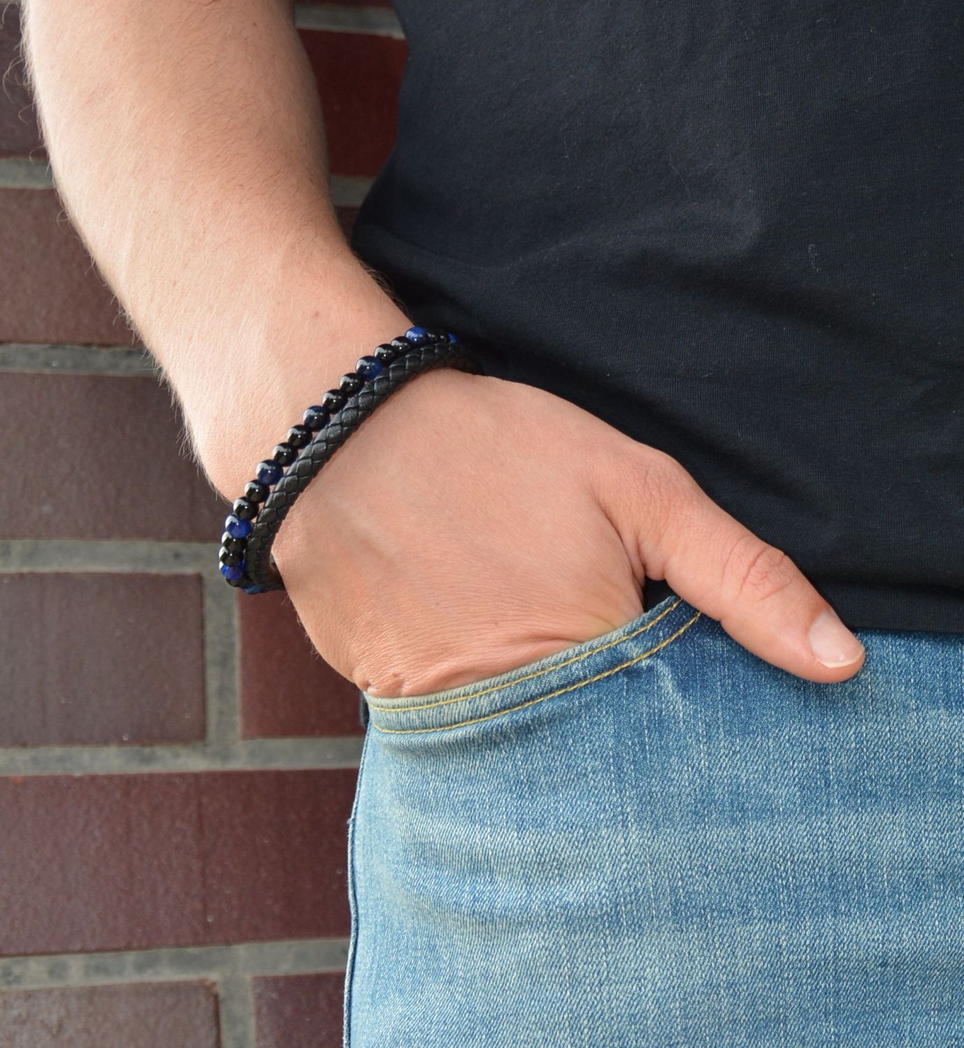 Bransoletka męska 'Czarny rzemień i czarno niebieskie koraliki' DIA-BRA-S1614658-STAL.jpg