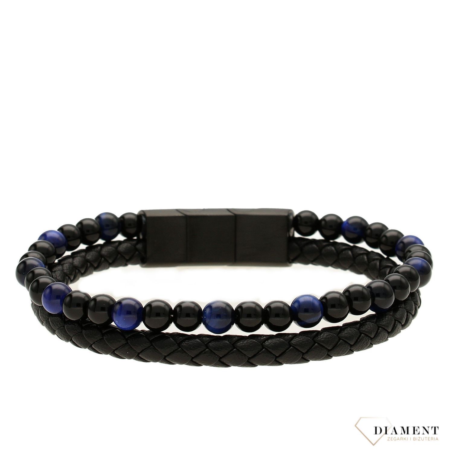 Bransoletka męska 'Czarny rzemień i czarno niebieskie koraliki' DIA-BRA-S1614658-STAL.jpg