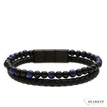 Bransoletka męska 'Czarny rzemień i czarno niebieskie koraliki' DIA-BRA-S1614658-STAL.jpg