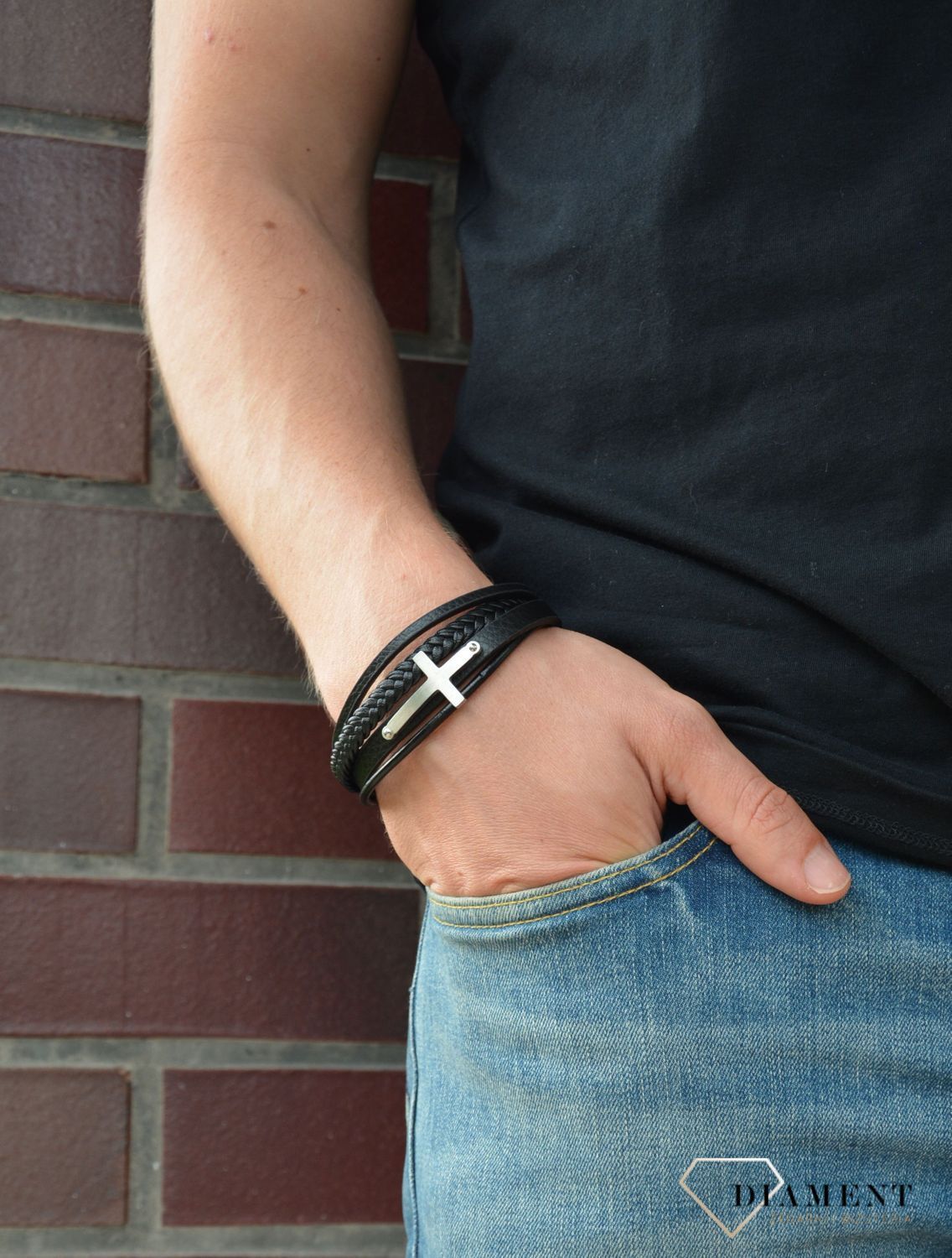 Bransoletka męska 'Skóra zaplątana w krzyżu' DIA-BRA-S1703446-STAL.jpg