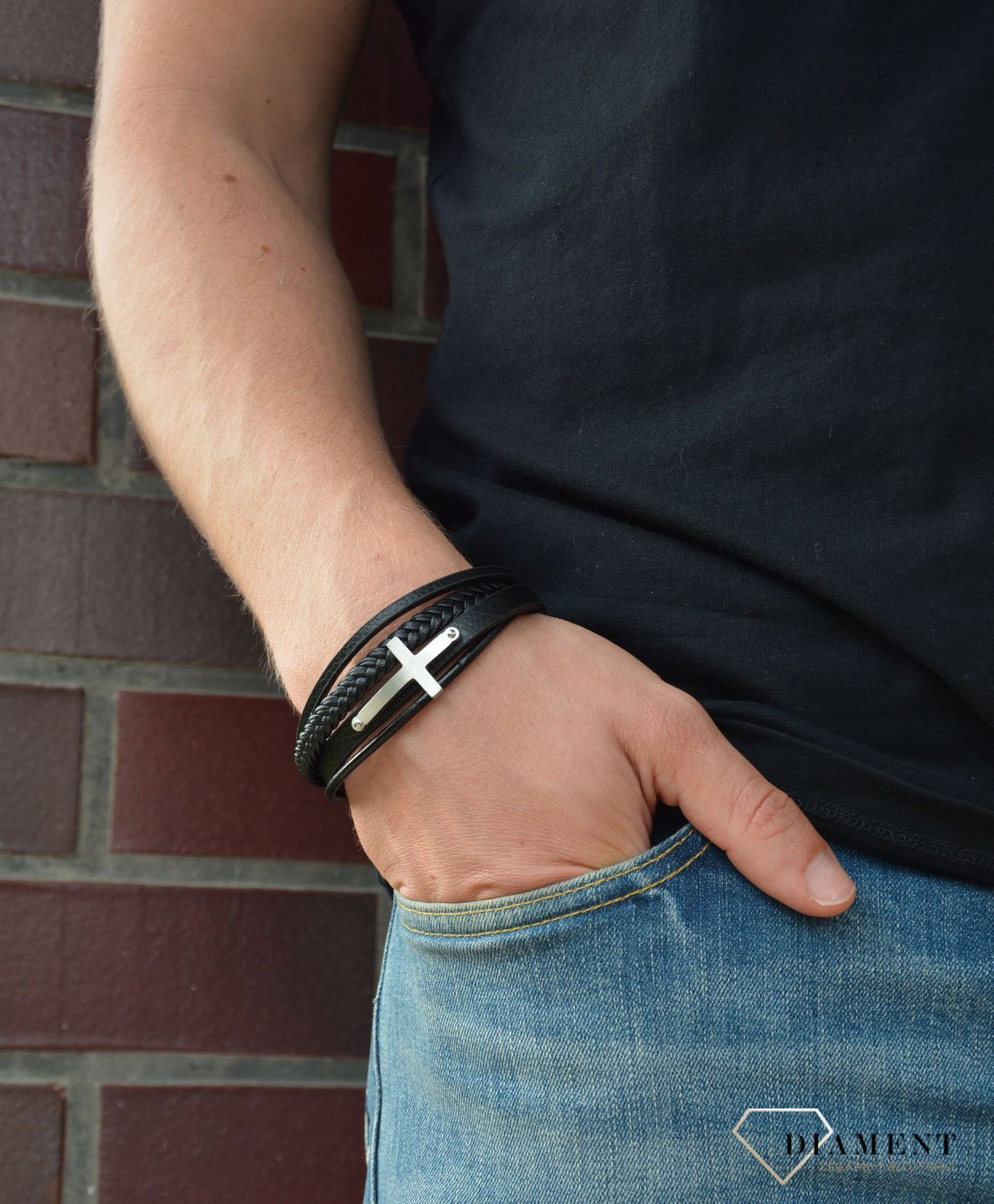 Bransoletka męska 'Skóra zaplątana w krzyżu' DIA-BRA-S1703446-STAL.jpg