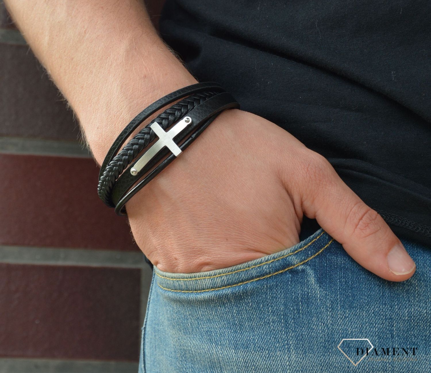 Bransoletka męska 'Skóra zaplątana w krzyżu' DIA-BRA-S1703446-STAL.jpg