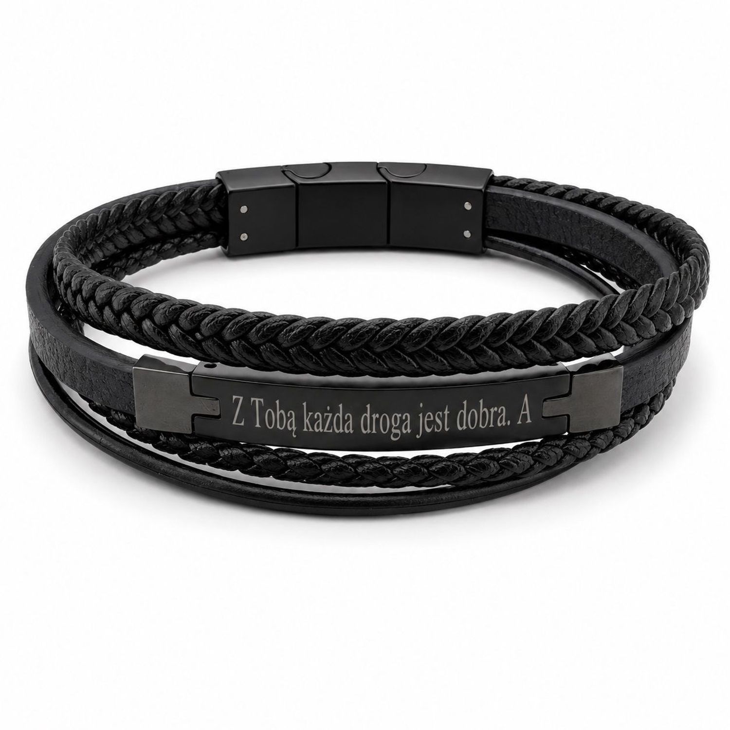 Poczwórna bransoletka męska czarna skórzana z grawerem – 19,5–20,5 cm.jpg