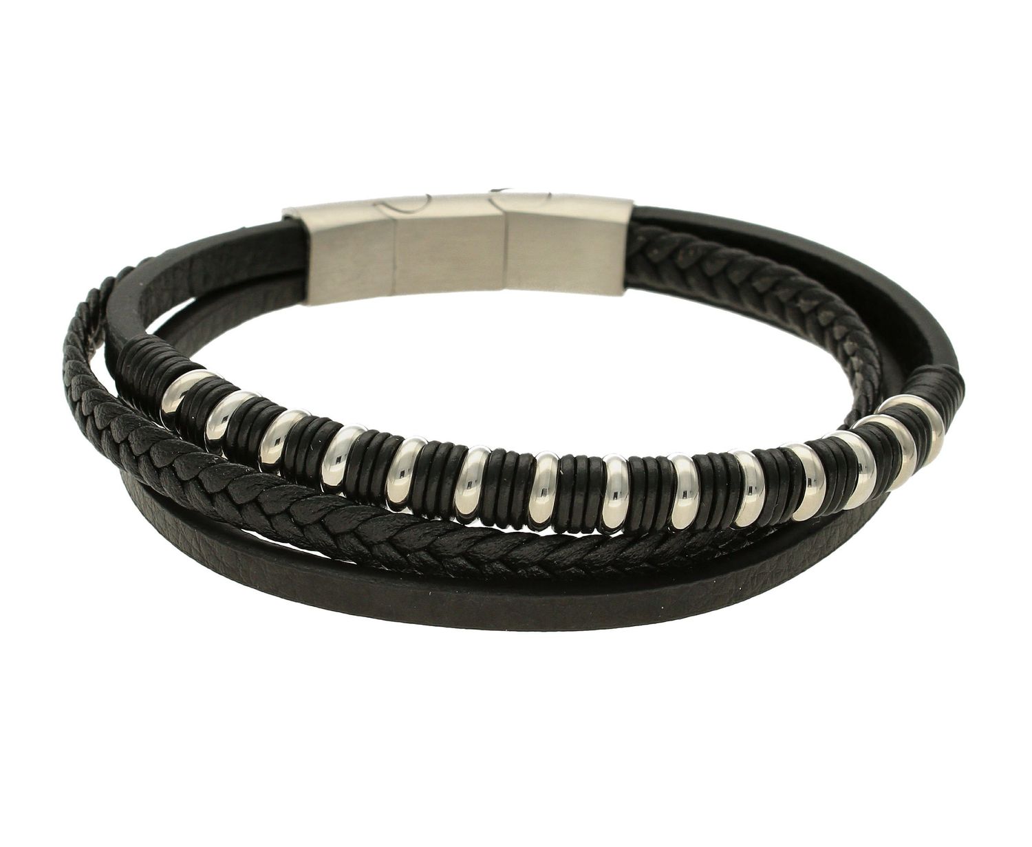 Bransoletka męska pleciona ze stalowymi elementami czarna DIA-BRA-Bransoletka oprócz skórzanych pasków gładkich i w formie plecionki posiada stalowe elementy. Cała bransoletka jest w czarnym kolorze. Bransoletka męska wykonana (1).jpg