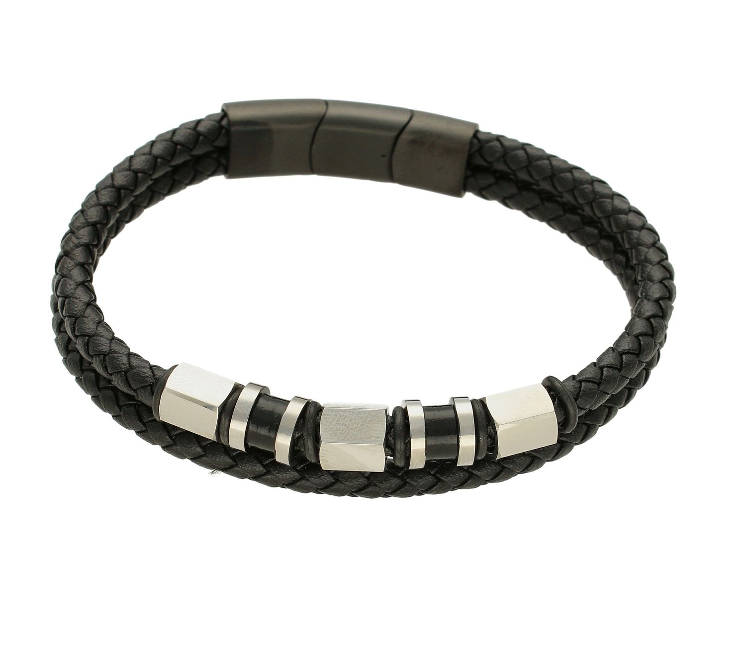 Bransoletka męska pleciona ze stalowymi elementami czarna DIA-BRA-S3804658-STAL. Bransoletka męska wykonana ze stali szlachetnej i skóry takie połączenie idealnie wpisuje się w wielkomiejski styl. Idealny pomysł na prezent (1).jpg