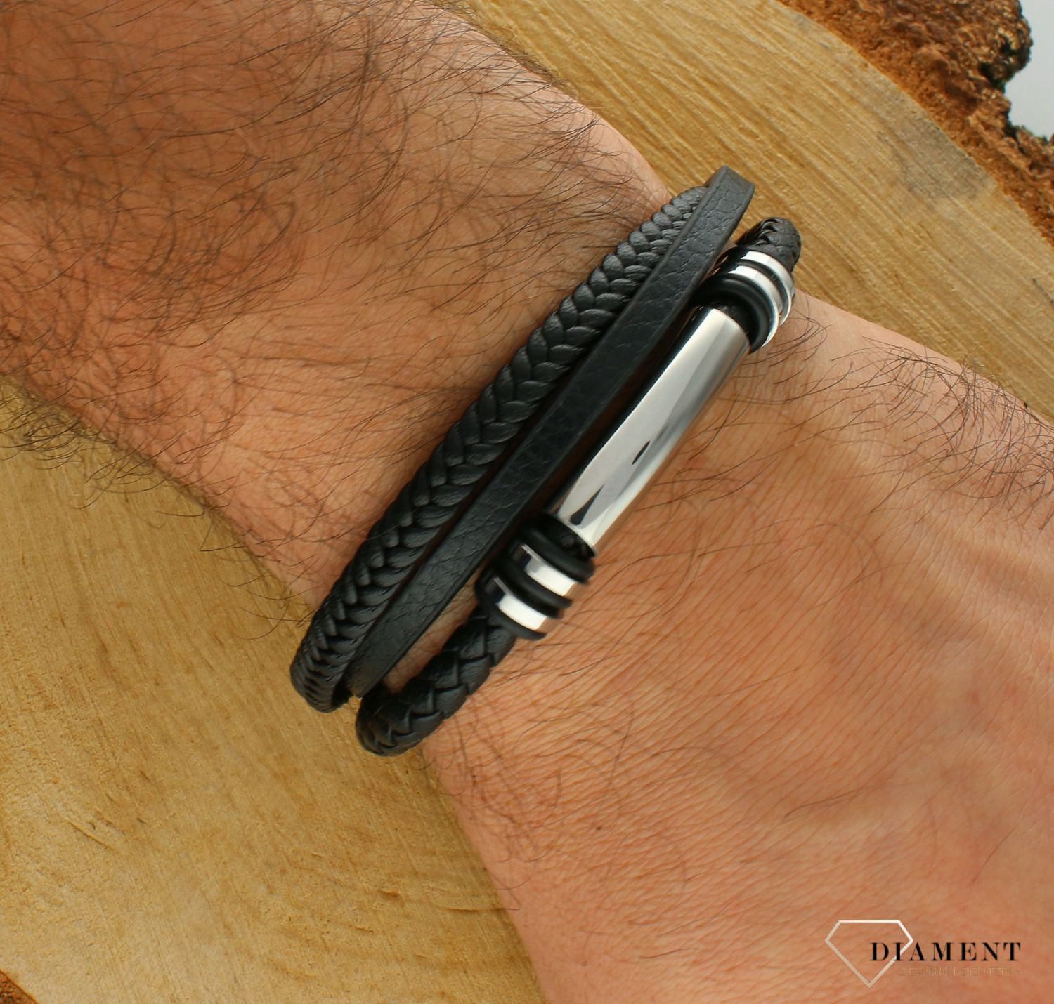 Bransoletka męska skórzana plecionka z elementem do graweru DIA-BRA-S5813952-STAL. Męska bransoletka skórzana. Bransoletka skórzana z blaszką. Skórzana męska bransoletka plecionka. Męska bransoletka na prezent (2).jpg