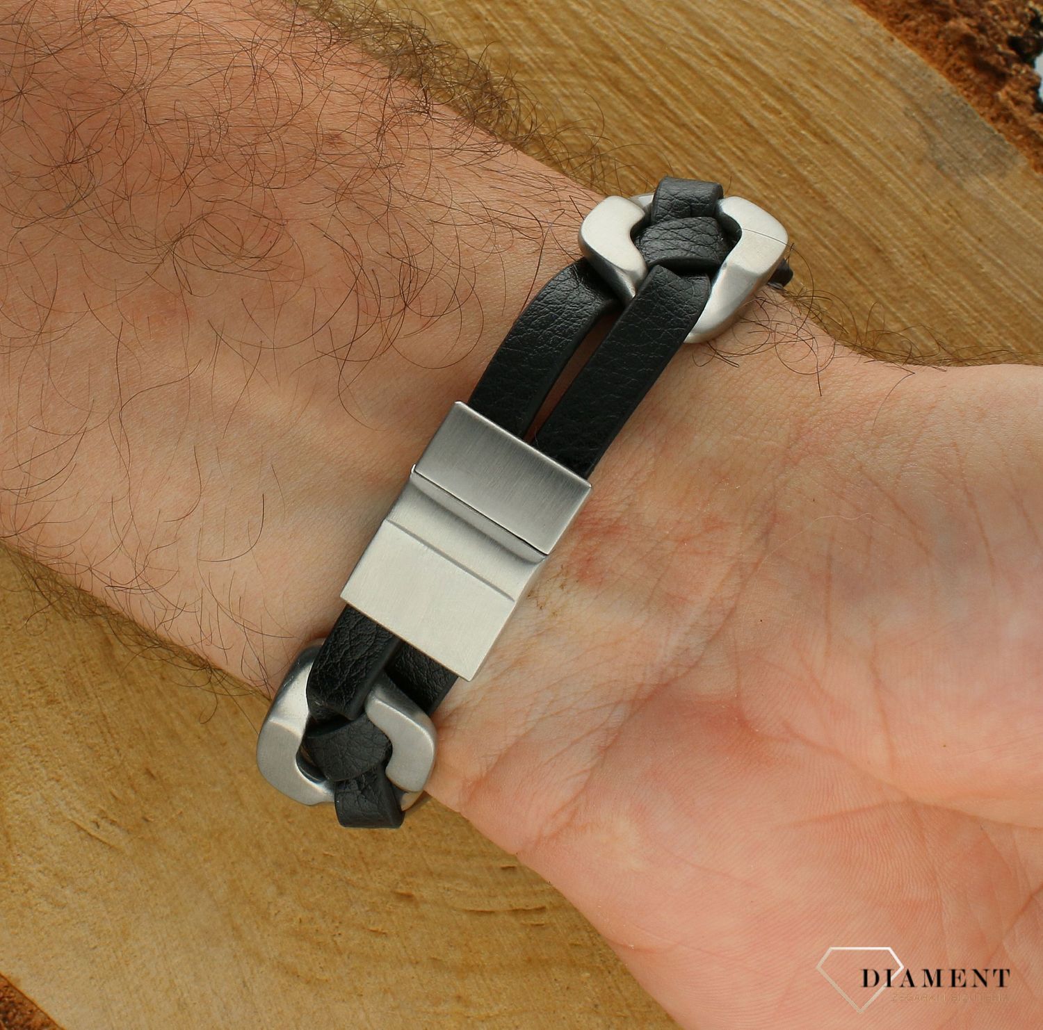 Bransoletka męska skórzana plecionka srebrno-czarna DIA-BRA-S6566879-STAL.  Męska bransoletka skórzana. Bransoletka skórzana czarna. Skórzana męska bransoletka plecionka. Męska bransoletka na prezent (2).jpg