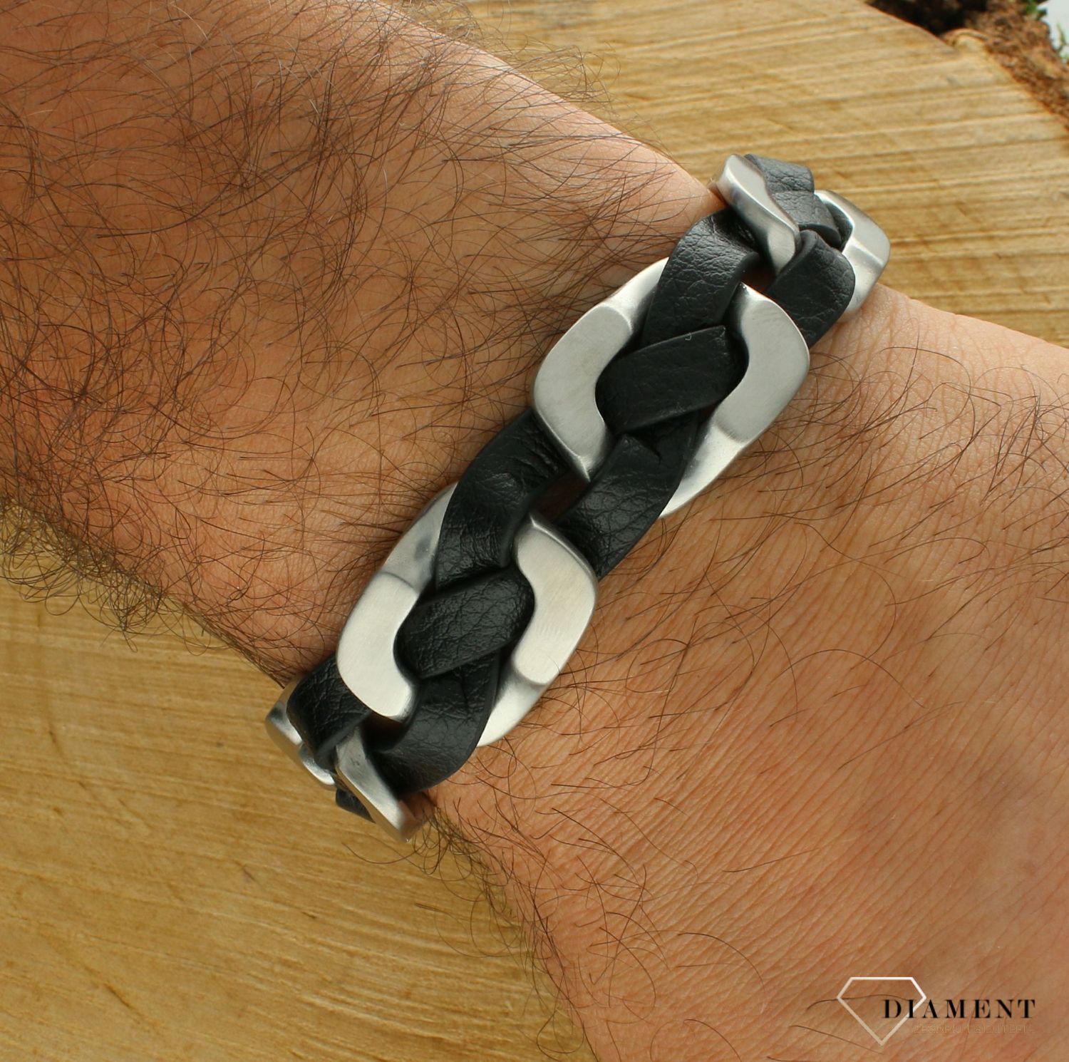 Bransoletka męska skórzana plecionka srebrno-czarna DIA-BRA-S6566879-STAL.  Męska bransoletka skórzana. Bransoletka skórzana czarna. Skórzana męska bransoletka plecionka. Męska bransoletka na prezent (2).jpg