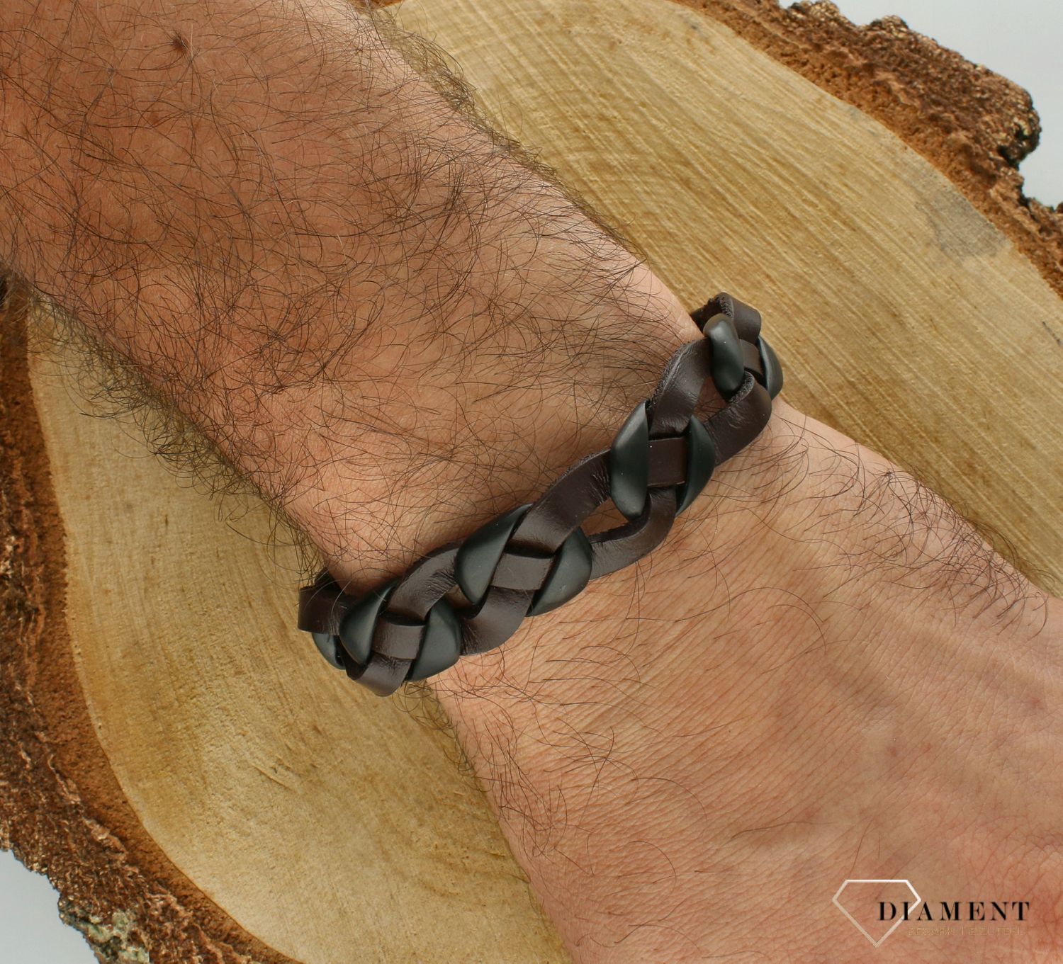 Bransoletka męska skórzana plecionka brązowo-czarna DIA-BRA-S6575468-STAL (2).jpg