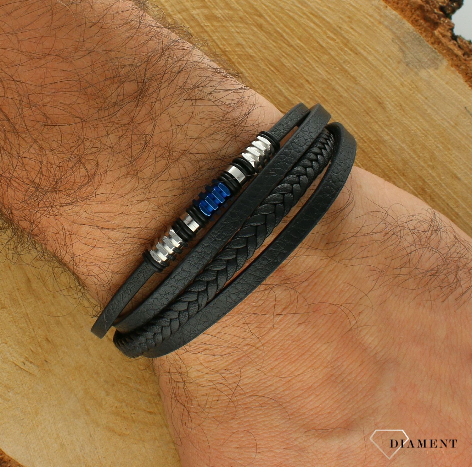 Bransoletka męska skórzana plecionka z niebieskim elementem ozdobnym DIA-BRA-S6664254-STAL (2).jpg