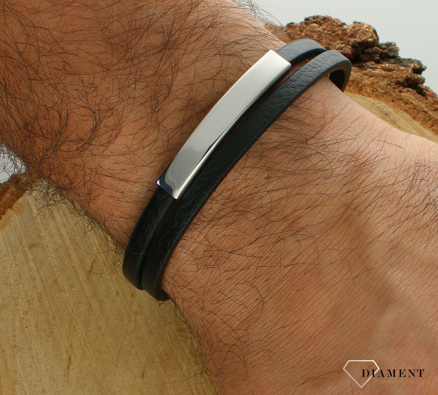 Bransoletka męska skórzana ze srebrną blaszką do graweru DIA-BRA-S6703446-STAL. Męska bransoletka skórzana. Bransoletka skórzana ze srebrną blaszką. Skórzana męska bransoletka podwójna. Męska bransoletka na prezent..jpg