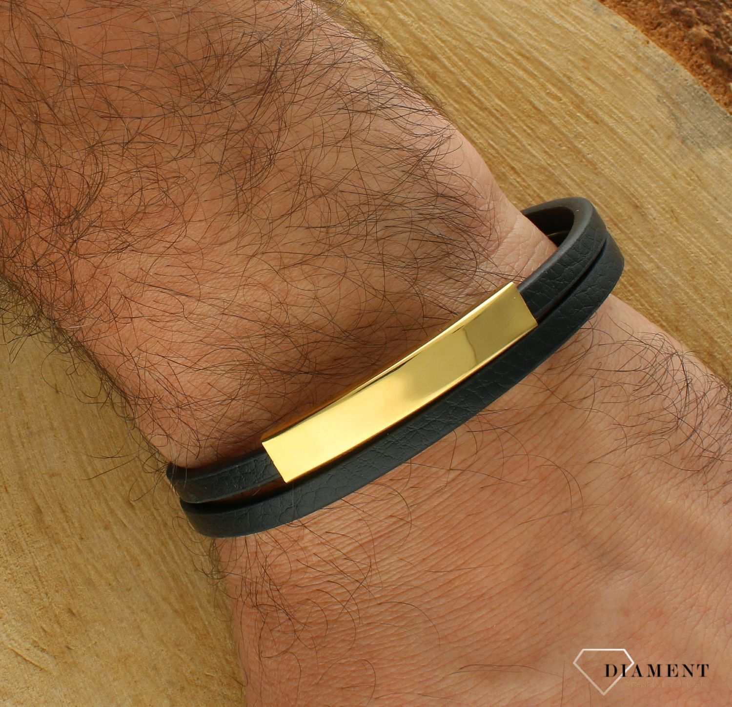 Bransoletka męska skórzana ze złotą blaszką do graweru DIA-BRA-S6713446-STAL. Męska bransoletka skórzana. Bransoletka skórzana ze złotą blaszką. Skórzana męska bransoletka podwójna. Męska bransoletka na prezent..jpg