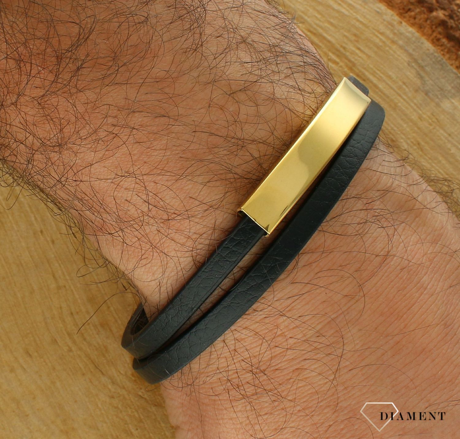 Bransoletka męska skórzana ze złotą blaszką do graweru DIA-BRA-S6713446-STAL. Męska bransoletka skórzana. Bransoletka skórzana ze złotą blaszką. Skórzana męska bransoletka podwójna. Męska bransoletka na prezent..jpg