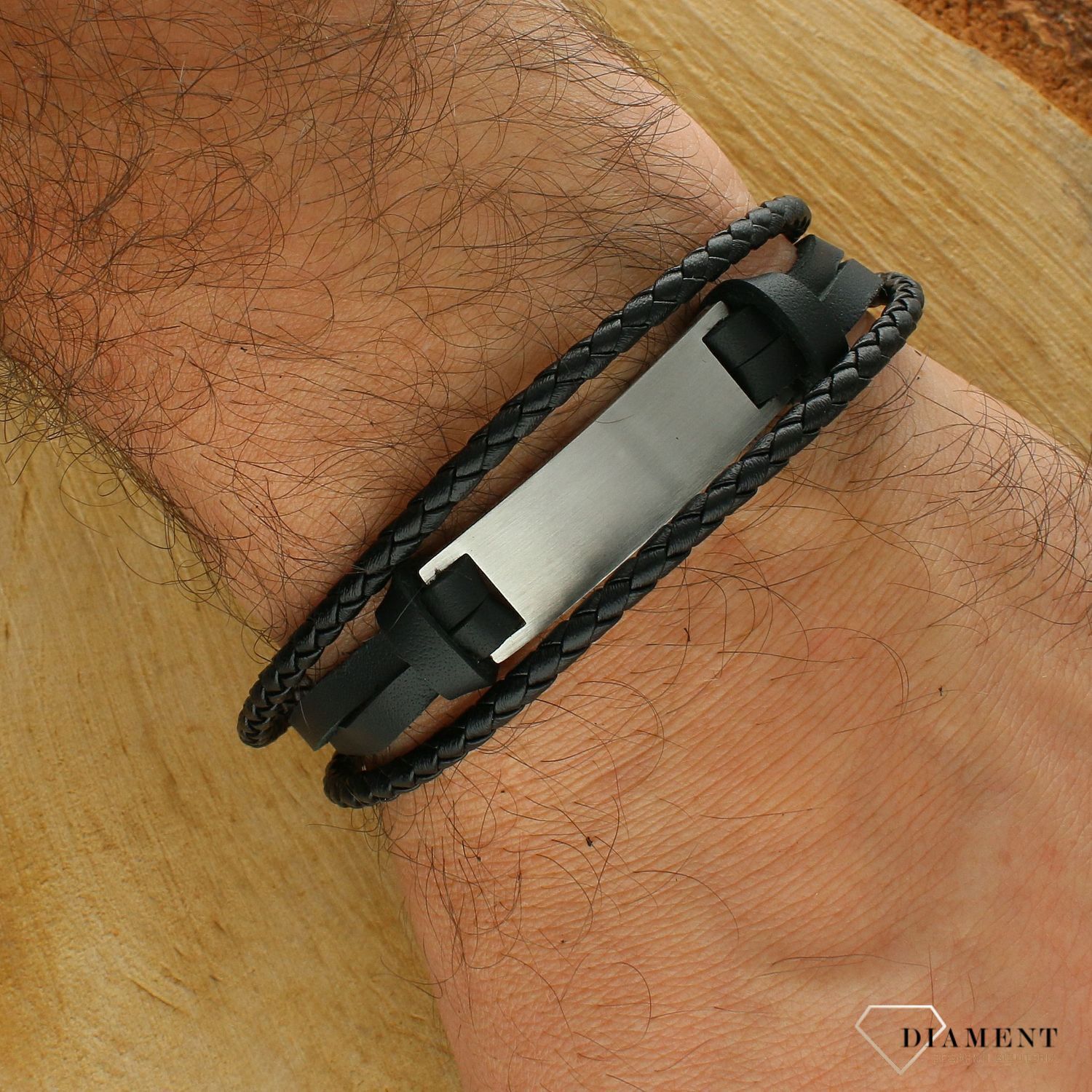 Bransoletka męska skórzana plecionka z blaszką do graweru DIA-BRA-S6743849-STAL. Męska bransoletka skórzana. Bransoletka skórzana z blaszką. Skórzana męska bransoletka plecionka. Męska bransoletka na prezent..jpg