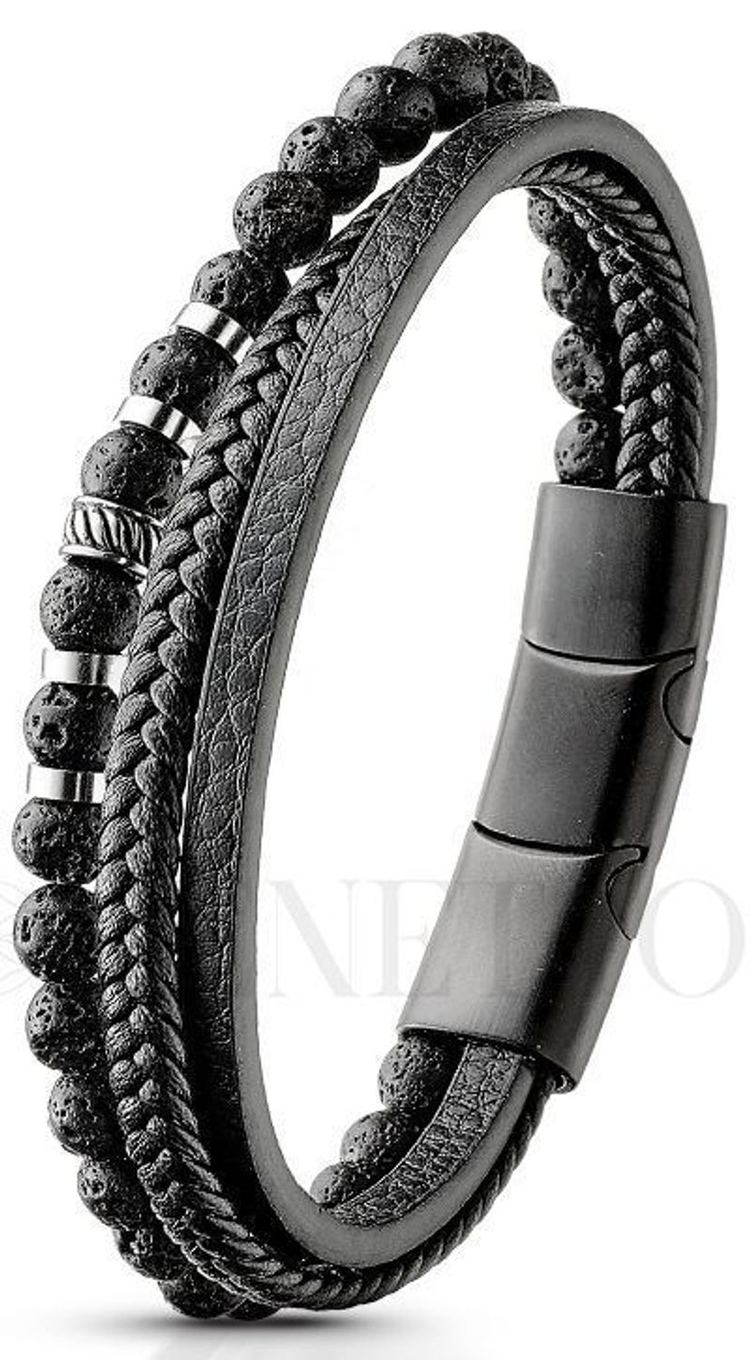 Bransoletka męska lawa wulkaniczna DIA-BRA-S7594254-STAL Bransoletka wykonana ze skóry w czarnym kolorze oraz ozdobiona lawą wulkaniczną. Idealny pomysł na prezent dla każdego mężczyzny..jpg
