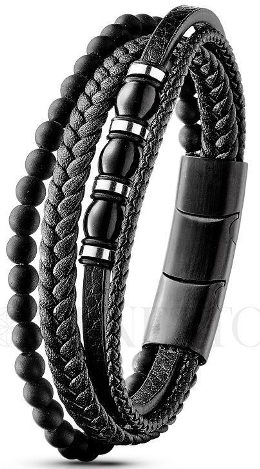 Bransoletka męska skórzana DIA-BRA-S7624254-STAL Bransoletka wykonana ze skóry w czarnym kolorze, ozdobiona kamieniami w czarnym kolorze. Idealny pomysł na prezent dla każdego mężczyzny.jpg