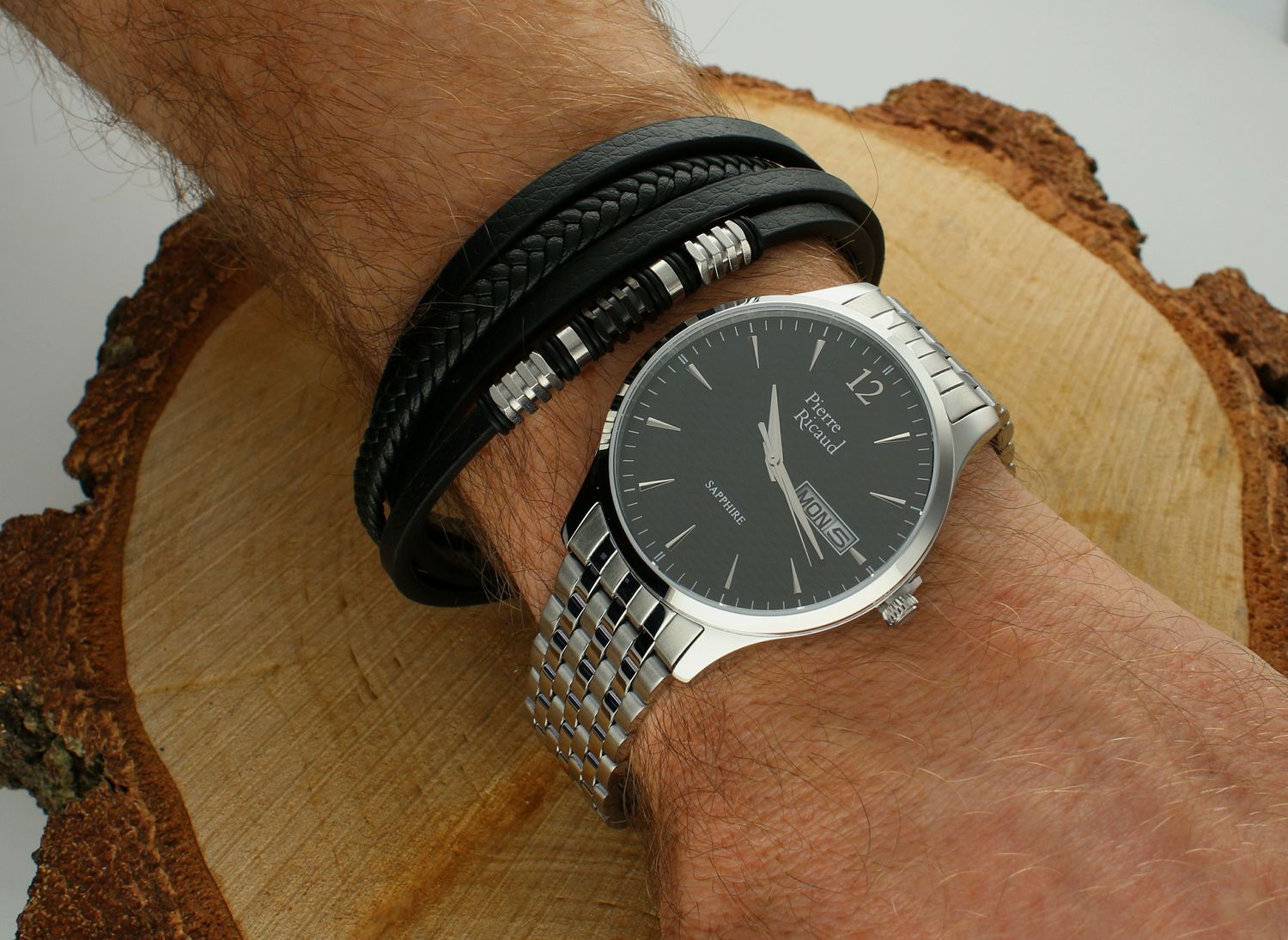 Bransoletka męska skórzana DIA-BRA-S7664254-STAL. Bransoletka męska skórzana z stalą szlachetną. Stalowa bransoletka z czarną skórą nadaje bransoletce charakteru..jpg