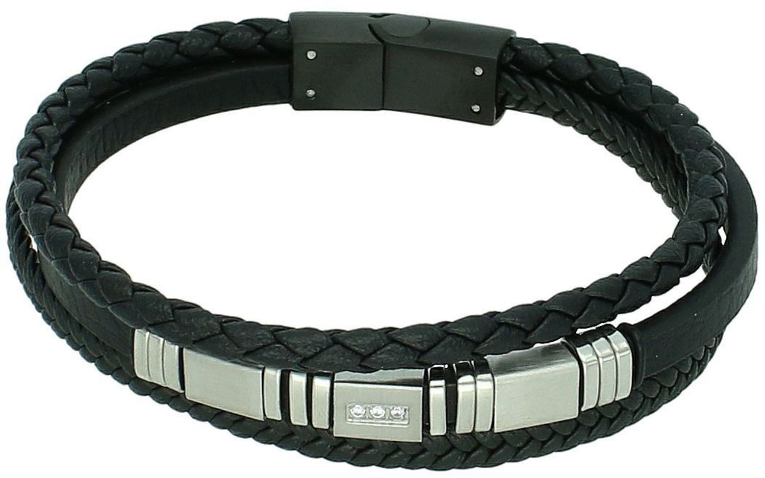 Bransoletka męska z trzema czarnymi rzemieniami i stalowymi elementami DIA-BRA-S8104456-STAL. Długość 20,5 cm. Stylowy, trwały dodatek dla nowoczesnego mężczyzny.1.jpg