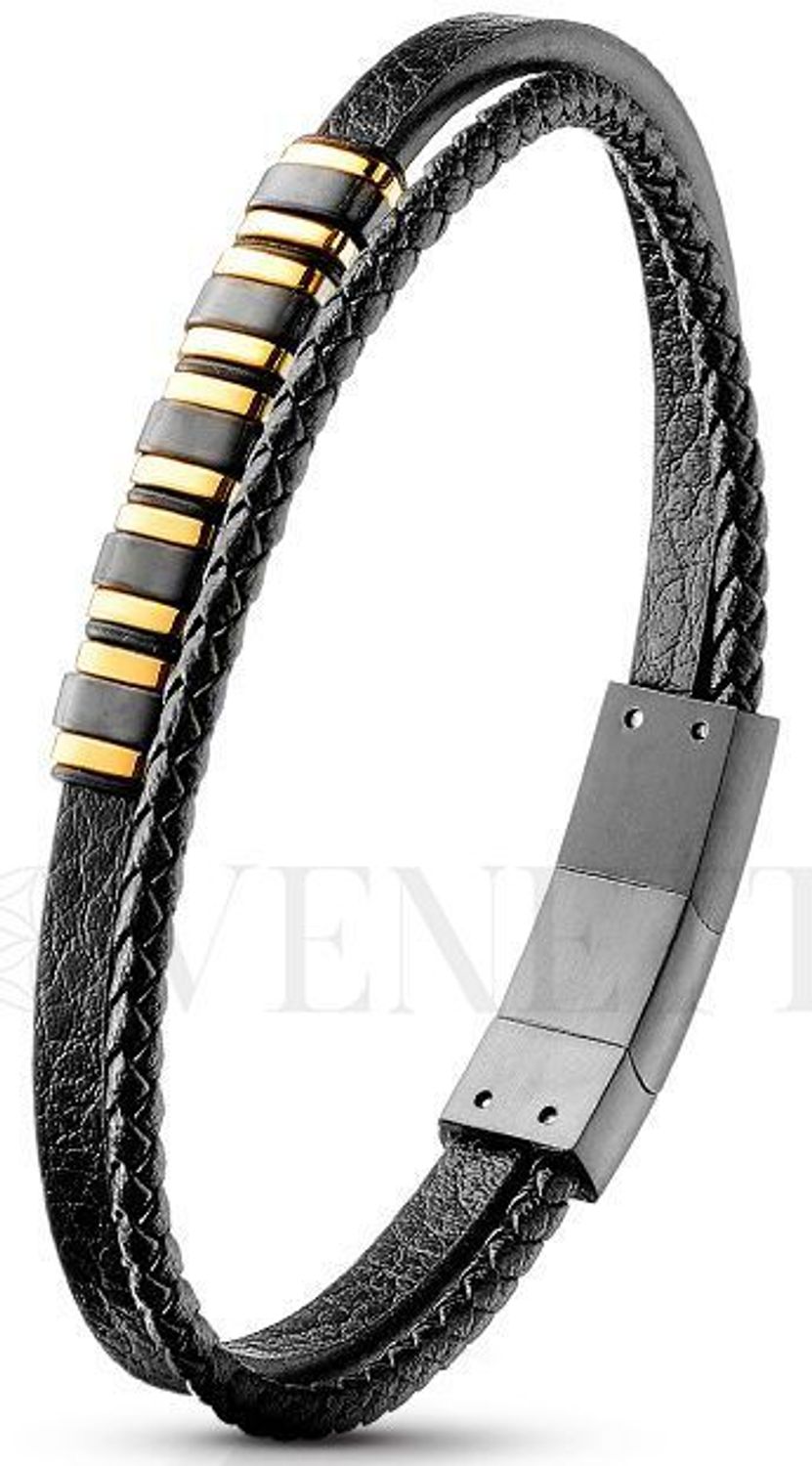 Bransoletka męska skórzana pozłacana DIA-BRA-S8234456-STAL Bransoletka męska skórzana z stalą szlachetną. Stalowa bransoletka z czarną skórą nadaje bransoletce charakteru..jpg