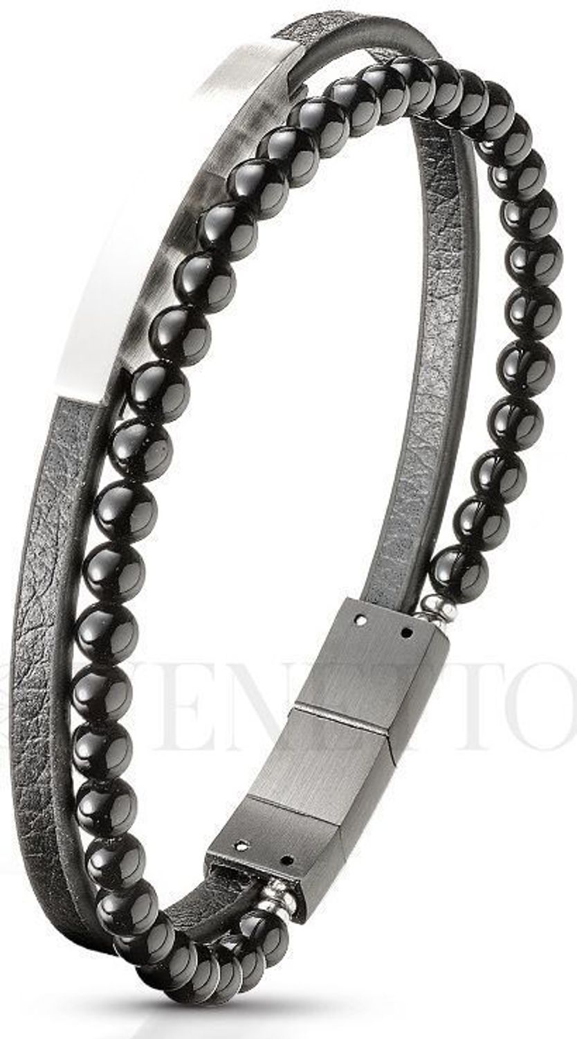 Bransoletka męska skórzana z onyksami i stalową blaszką do graweru DIA-BRA-S8304254-STAL. Długość 20,5–21,5 cm.1.jpg