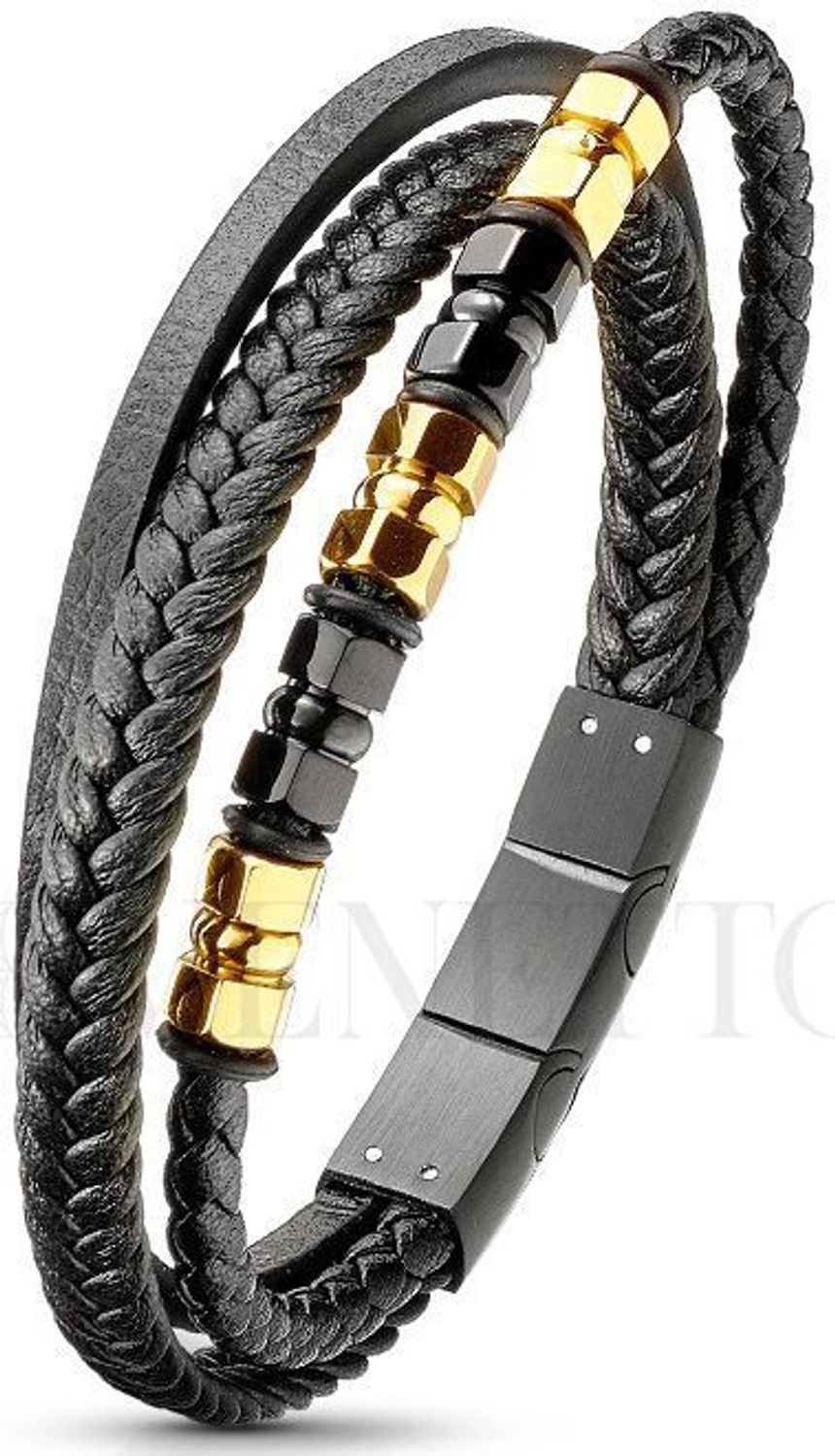 Bransoletka męska z trzema rzemykami i pozłacanymi stalowymi elementami. Stylowa biżuteria męska o długości 20–21 cm – elegancja i 1.jpg