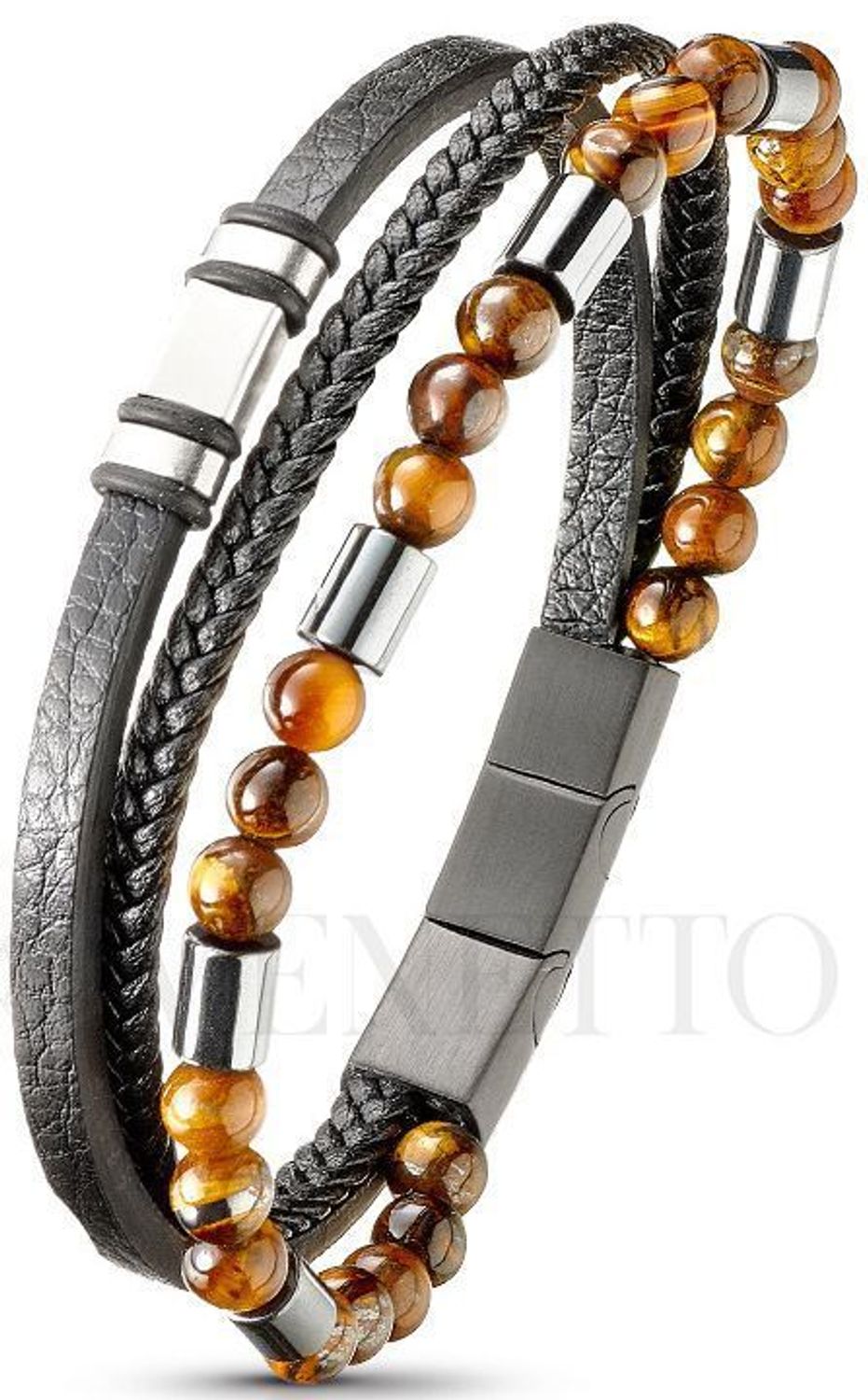 Męska bransoletka skórzana z kocim oczkiem i stalowymi elementami DIA-BRA-S8734254-STAL. Długość 21,5–22,5 cm. Stylowy i elegancki 1.jpg