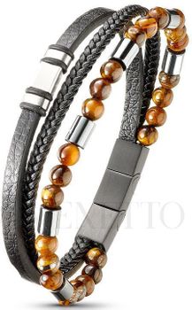 Męska bransoletka skórzana z kocim oczkiem i stalowymi elementami DIA-BRA-S8734254-STAL. Długość 21,5–22,5 cm. Stylowy i elegancki 1.jpg