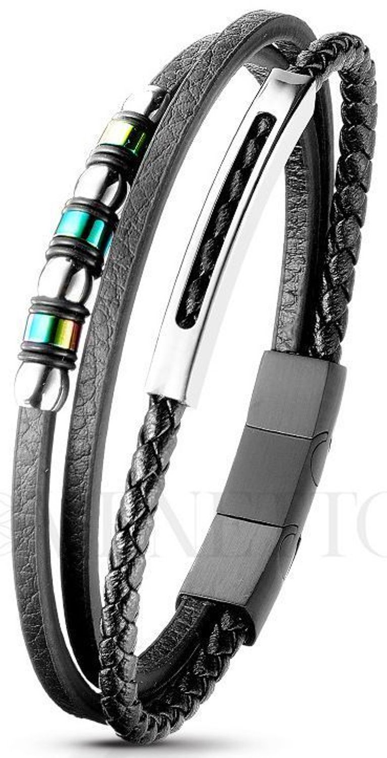 Bransoletka męska z trzema czarnymi rzemykami i stalowymi elementami ozdobnymi. Wykonana ze stali szlachetnej. Długość 21–22 cm. Styl i trwałość w jednym.1.jpg