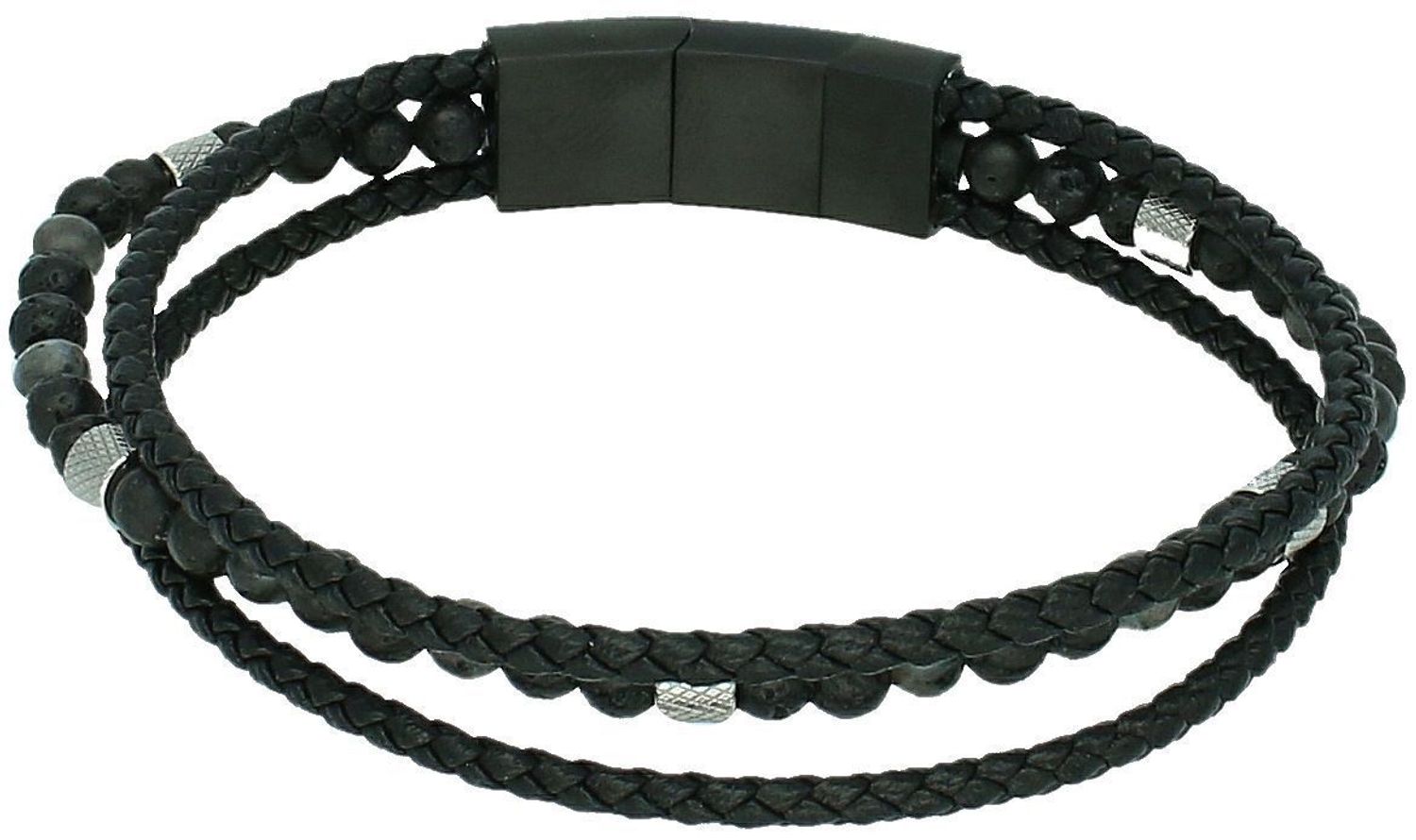 Bransoletka męska stalowa DIA-BRA-S8813952-STAL z czarnymi rzemieniami i kamieniami lawy. Długość 21–22 cm. Stylowy, trwały i naturalny akcent dla mężczyzny z charakterem.1.jpg