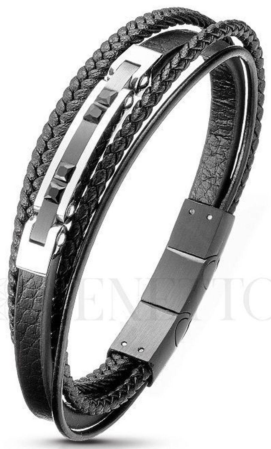 Bransoletka męska ze stali szlachetnej z czterema czarnymi rzemykami i ozdobnym elementem. Długość 19,5–20,5 cm. Stylowy dodatek dla każdego mężczyzny.1.jpg