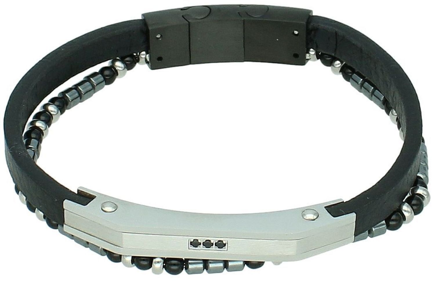 Bransoletka męska stalowa DIA-BRA-S9045879-STAL z czarnym rzemykiem, onyksem, hematytem i stalową blaszką. Regulowana długość 18,5–20 cm. Styl, symbolika i trwałość w jednym.1.jpg