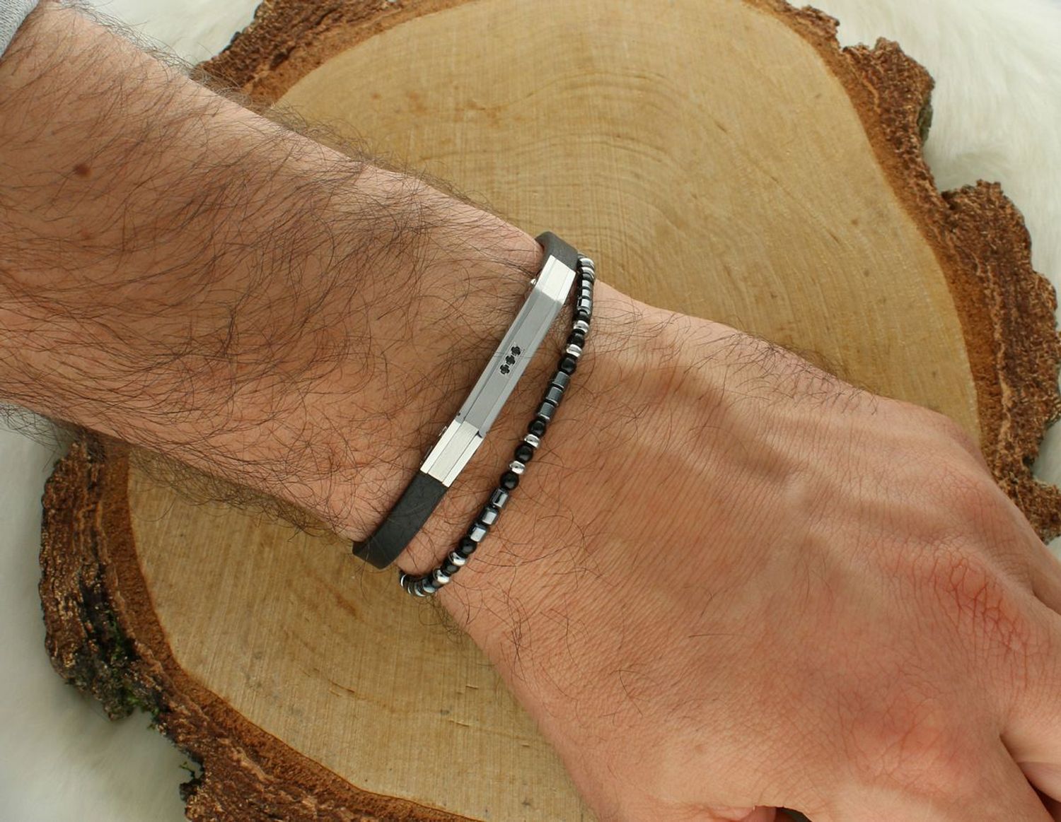 Bransoletka męska stalowa DIA-BRA-S9045879-STAL z czarnym rzemykiem, onyksem, hematytem i stalową blaszką. Regulowana długość 18,5–20 cm. Styl, symbolika i trwałość w jednym.1.jpg