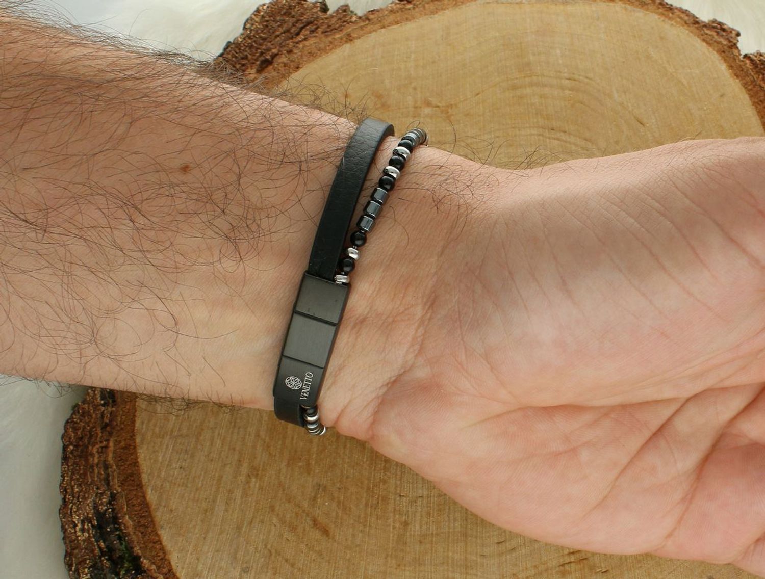 Bransoletka męska stalowa DIA-BRA-S9045879-STAL z czarnym rzemykiem, onyksem, hematytem i stalową blaszką. Regulowana długość 18,5–20 cm. Styl, symbolika i trwałość w jednym.1.jpg