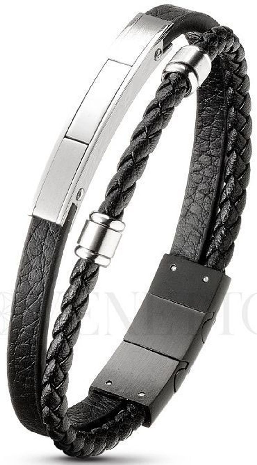 Bransoletka męska DIA-BRA-S9074658-STAL – dwa rzemyki i stalowe elementy ozdobne. Długość 19–20 cm. Stylowa biżuteria męska ze stali szlachetnej.1.jpg