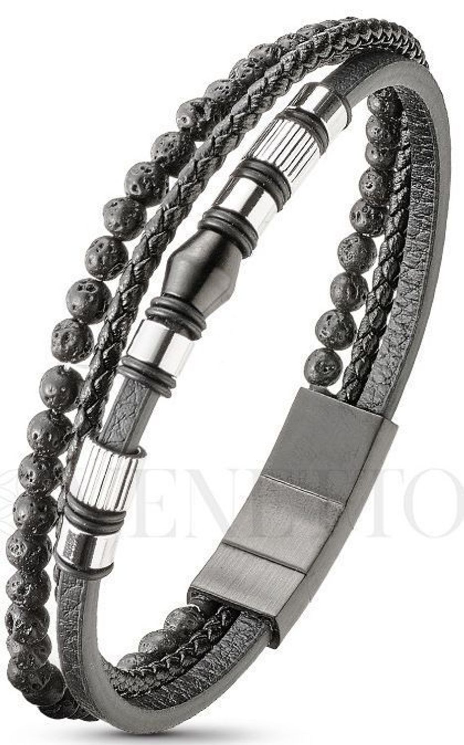 Bransoletka męska DIA-BRA-S9114254-STAL – czarne rzemyki, stalowe elementy i naturalna lawa. Długość 21–22 1.jpg