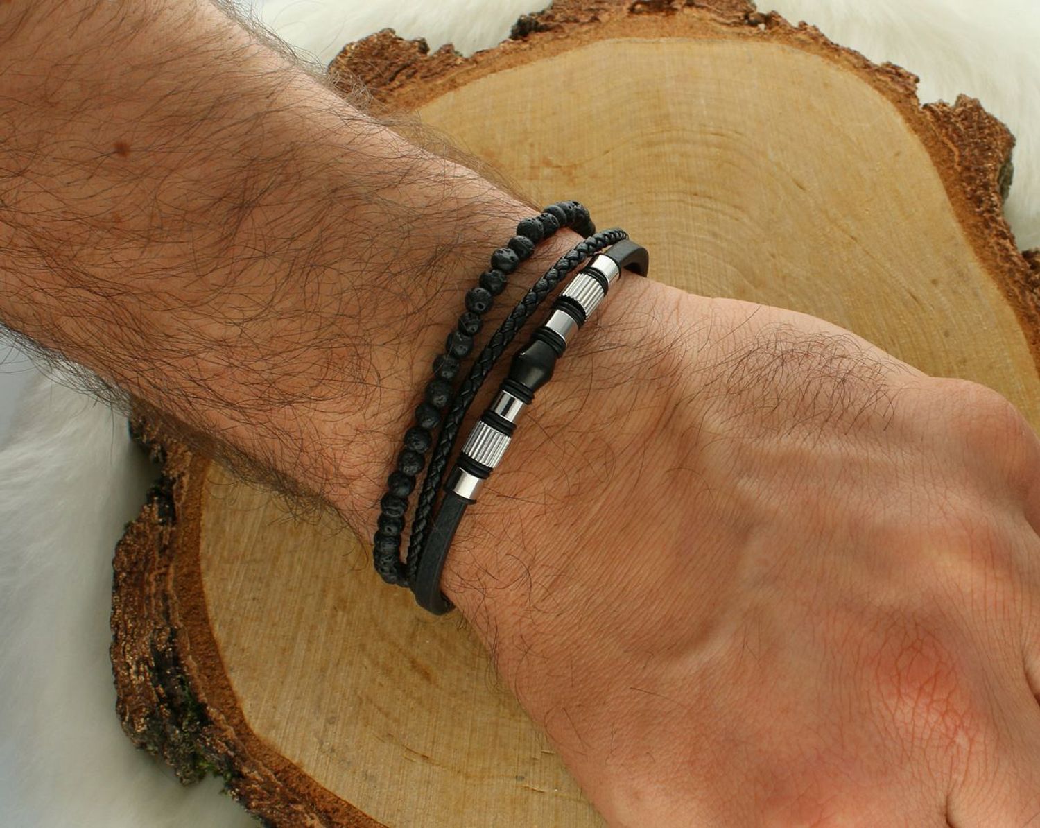 Bransoletka męska DIA-BRA-S9114254-STAL – czarne rzemyki, stalowe elementy i naturalna lawa. Długość 21–22 1.jpg