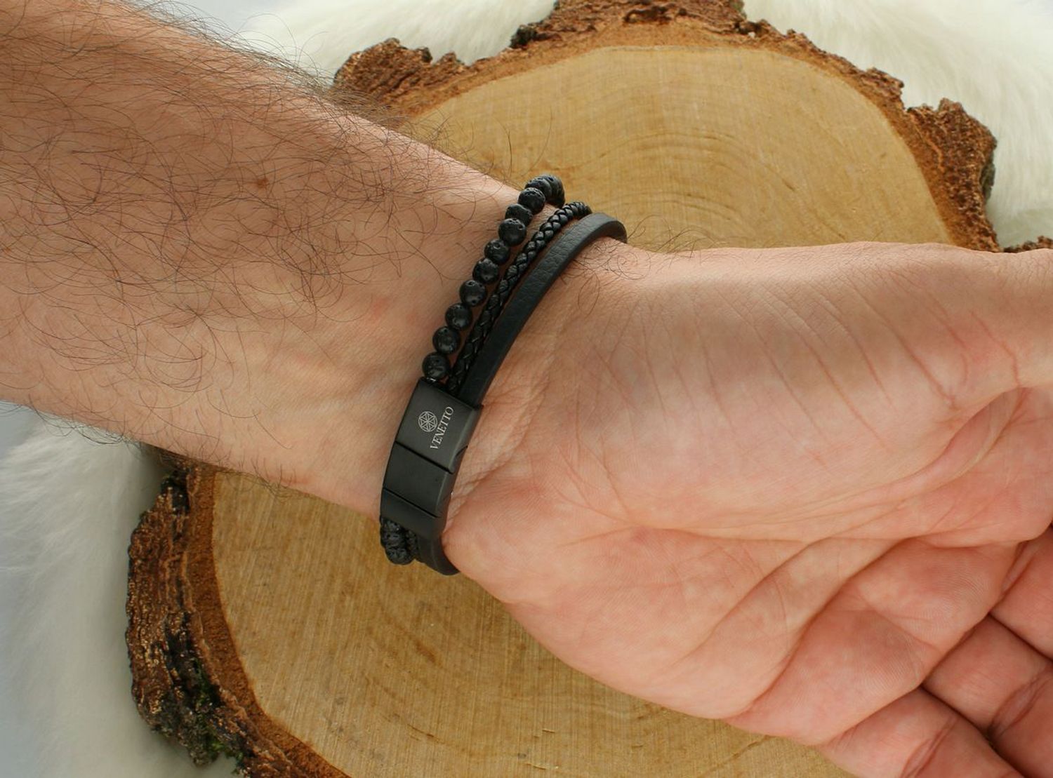 Bransoletka męska DIA-BRA-S9114254-STAL – czarne rzemyki, stalowe elementy i naturalna lawa. Długość 21–22 1.jpg