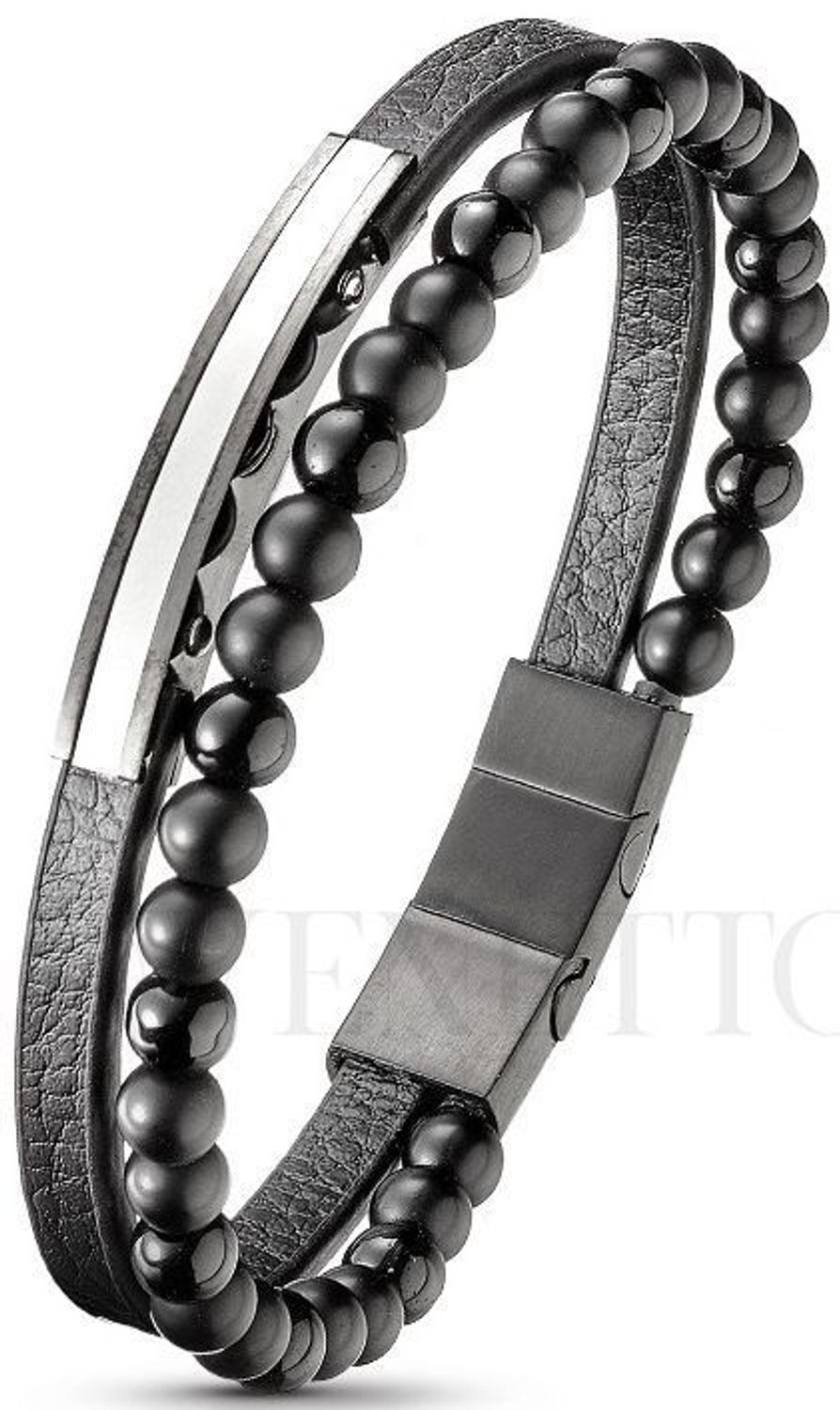 Męska bransoletka podwójna z rzemyka i kamieni naturalnych onyksów ze stali szlachetnej – długość 21–22 cm, jedno zapięcie. Stylowy i trwały dodatek.1.jpg